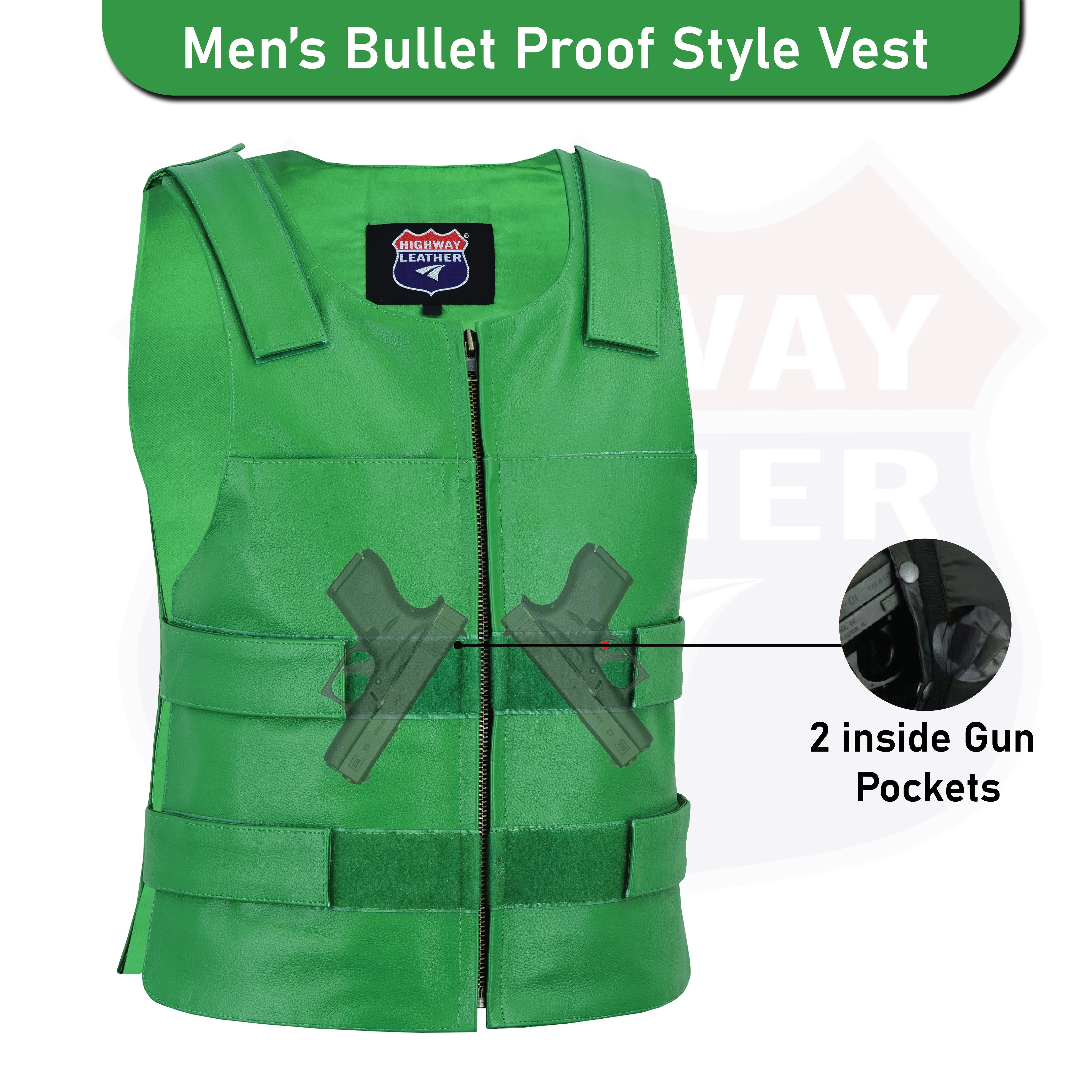 11643 Green Bulletproof Style tactical street leather vest - Zippered