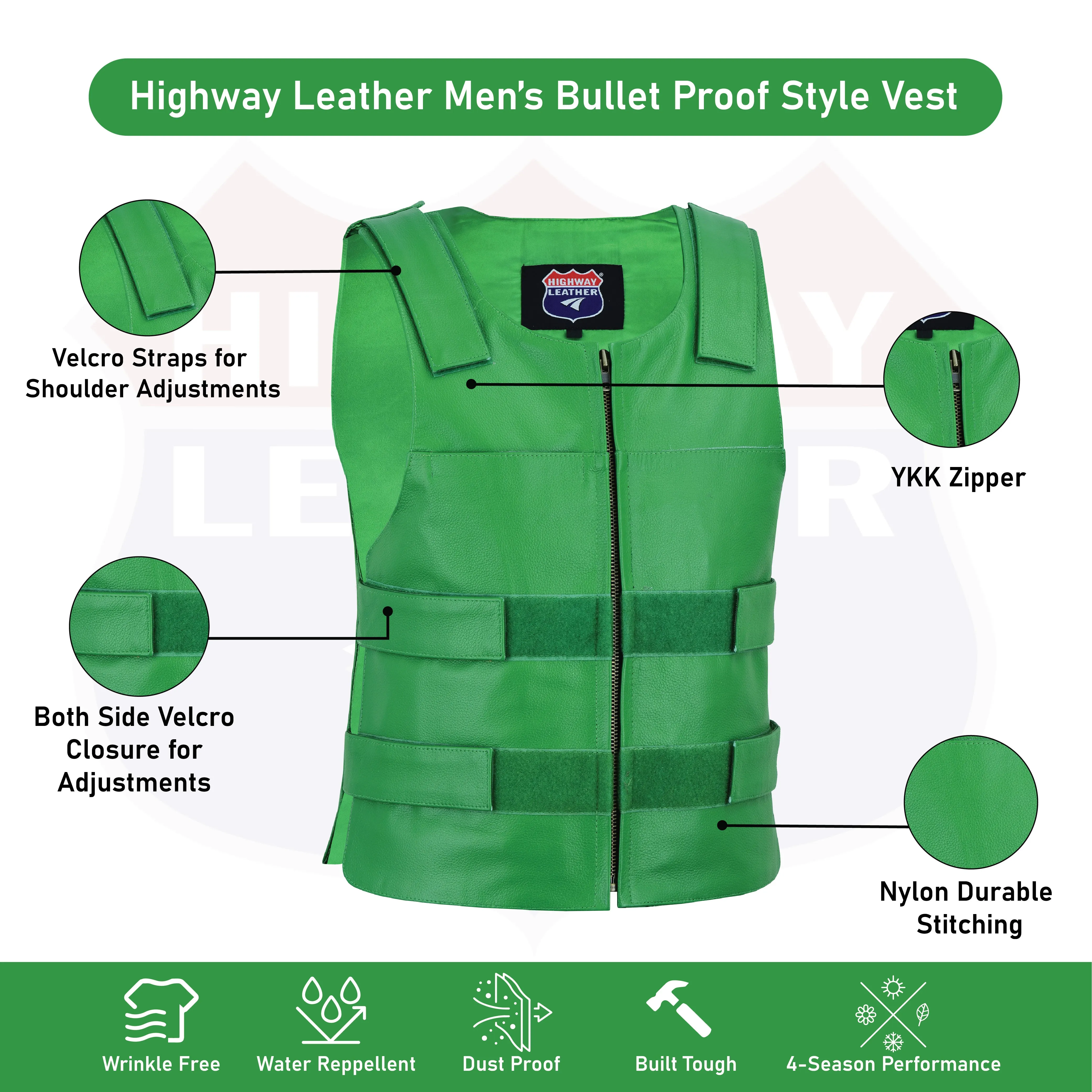 11643 Green Bulletproof Style tactical street leather vest - Zippered