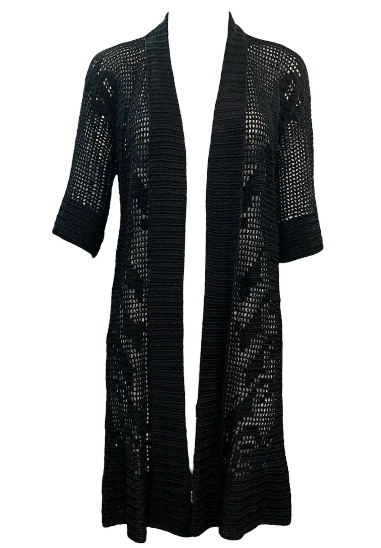 1920's Black Mid Length Hand Crochet Open Front Cardigan