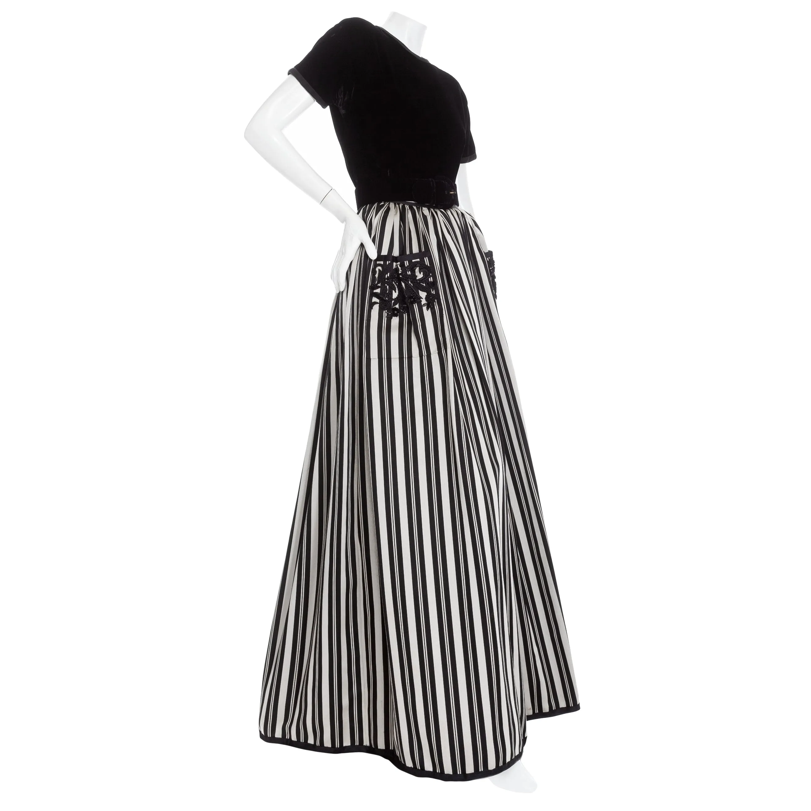 1980s Black Velvet Top and Silk Striped Skirt Set