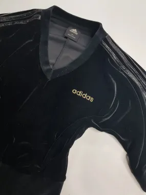 1990s Authentic Adidas Velour Sexy Pilates Princess Vintage Black & Gold Cropped Top - Super Soft & Dreamy Feel - Embroidered Adidas- Leather Striping Shoulder Features