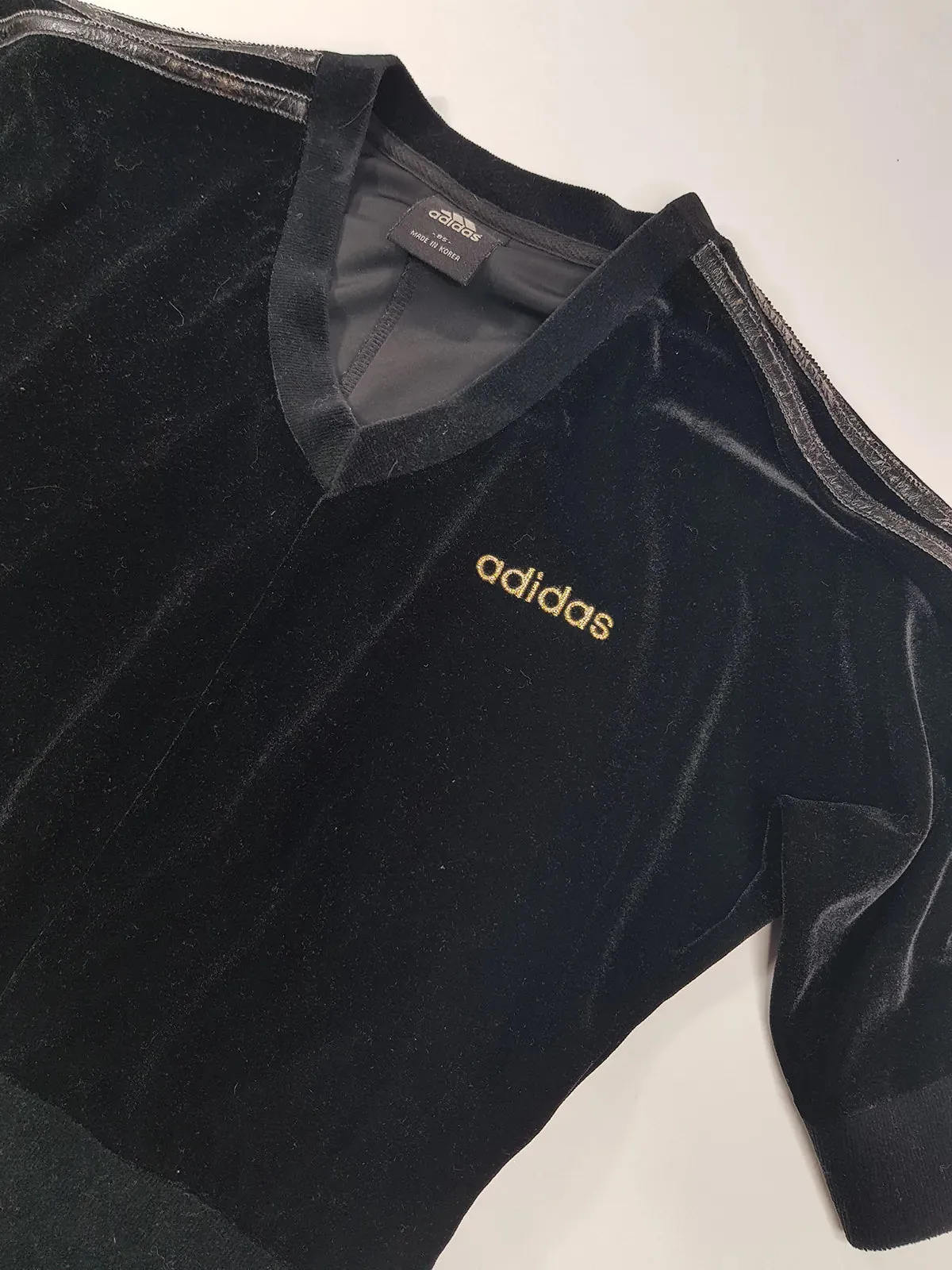 1990s Authentic Adidas Velour Sexy Pilates Princess Vintage Black & Gold Cropped Top - Super Soft & Dreamy Feel - Embroidered Adidas- Leather Striping Shoulder Features