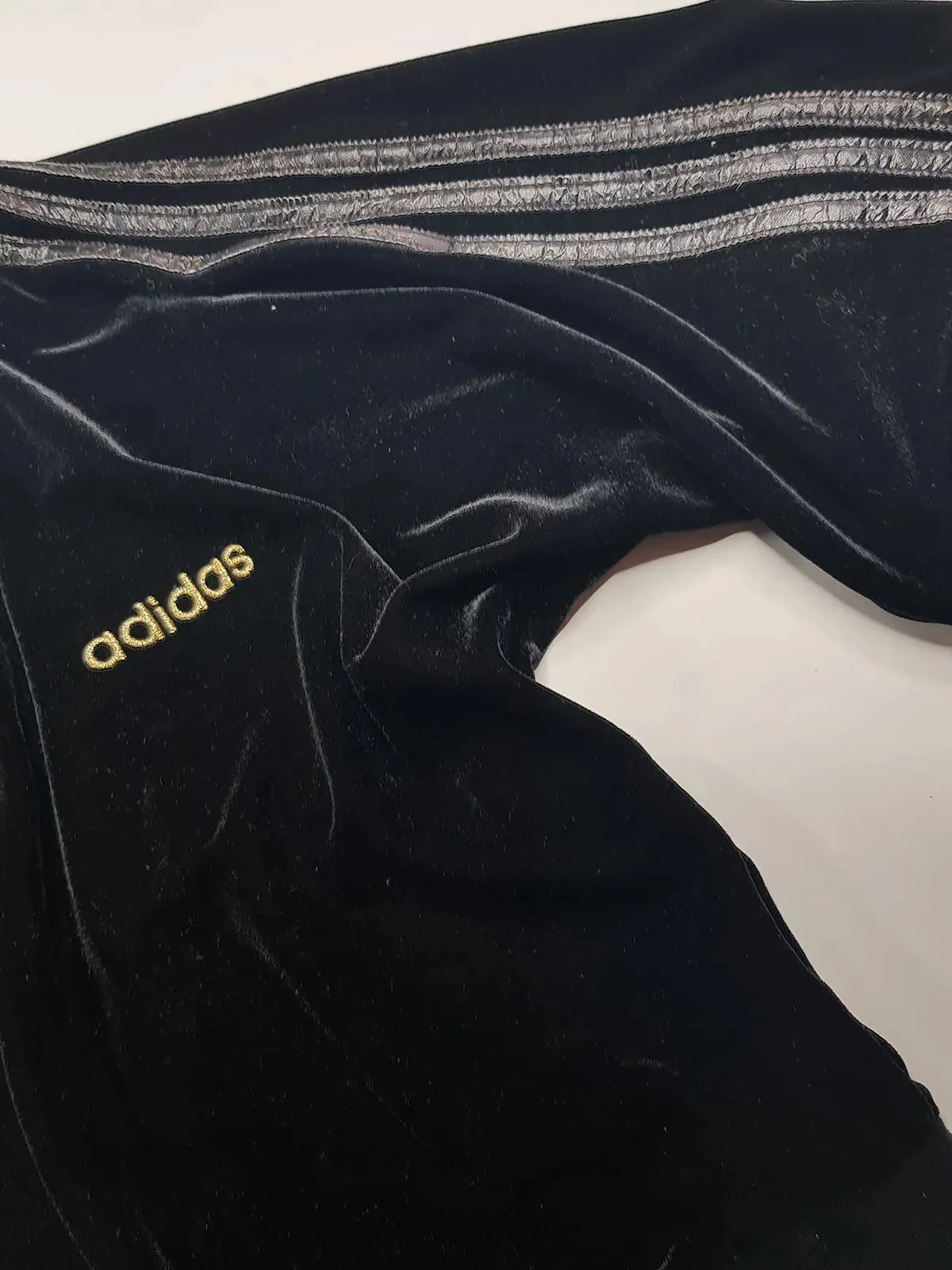 1990s Authentic Adidas Velour Sexy Pilates Princess Vintage Black & Gold Cropped Top - Super Soft & Dreamy Feel - Embroidered Adidas- Leather Striping Shoulder Features