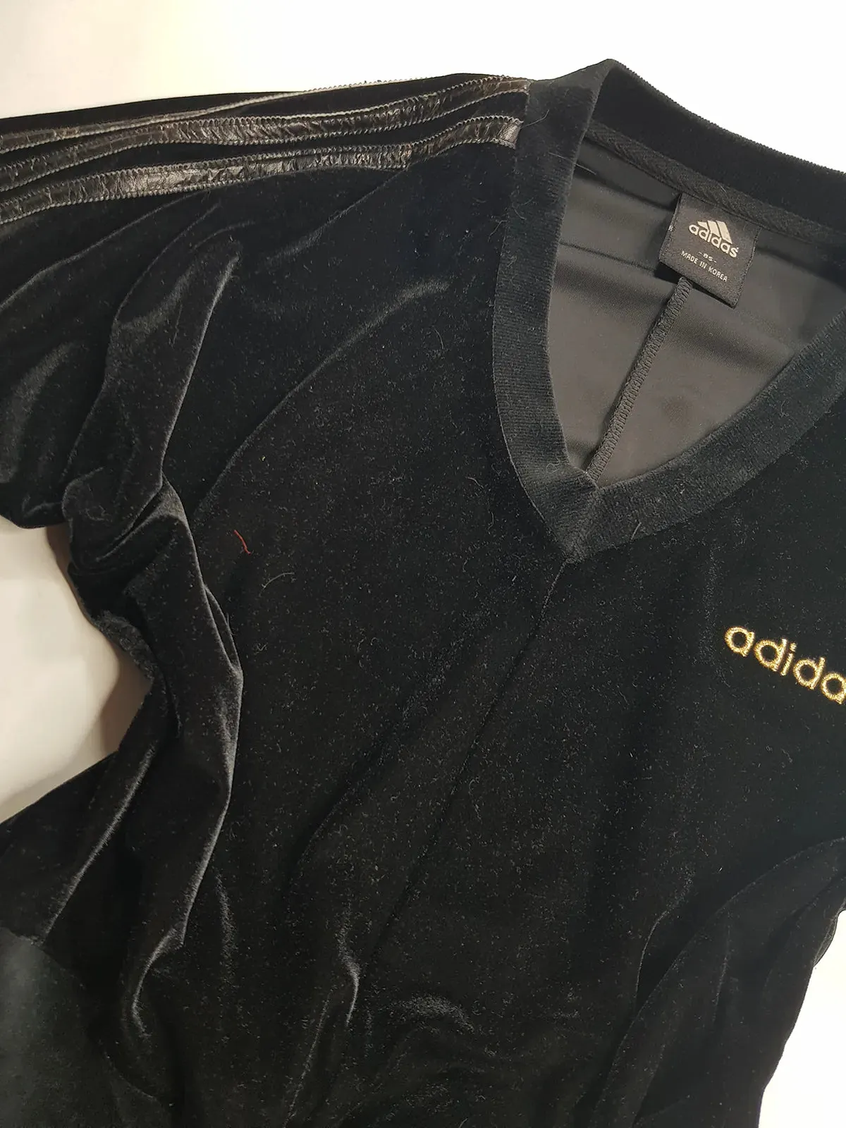 1990s Authentic Adidas Velour Sexy Pilates Princess Vintage Black & Gold Cropped Top - Super Soft & Dreamy Feel - Embroidered Adidas- Leather Striping Shoulder Features