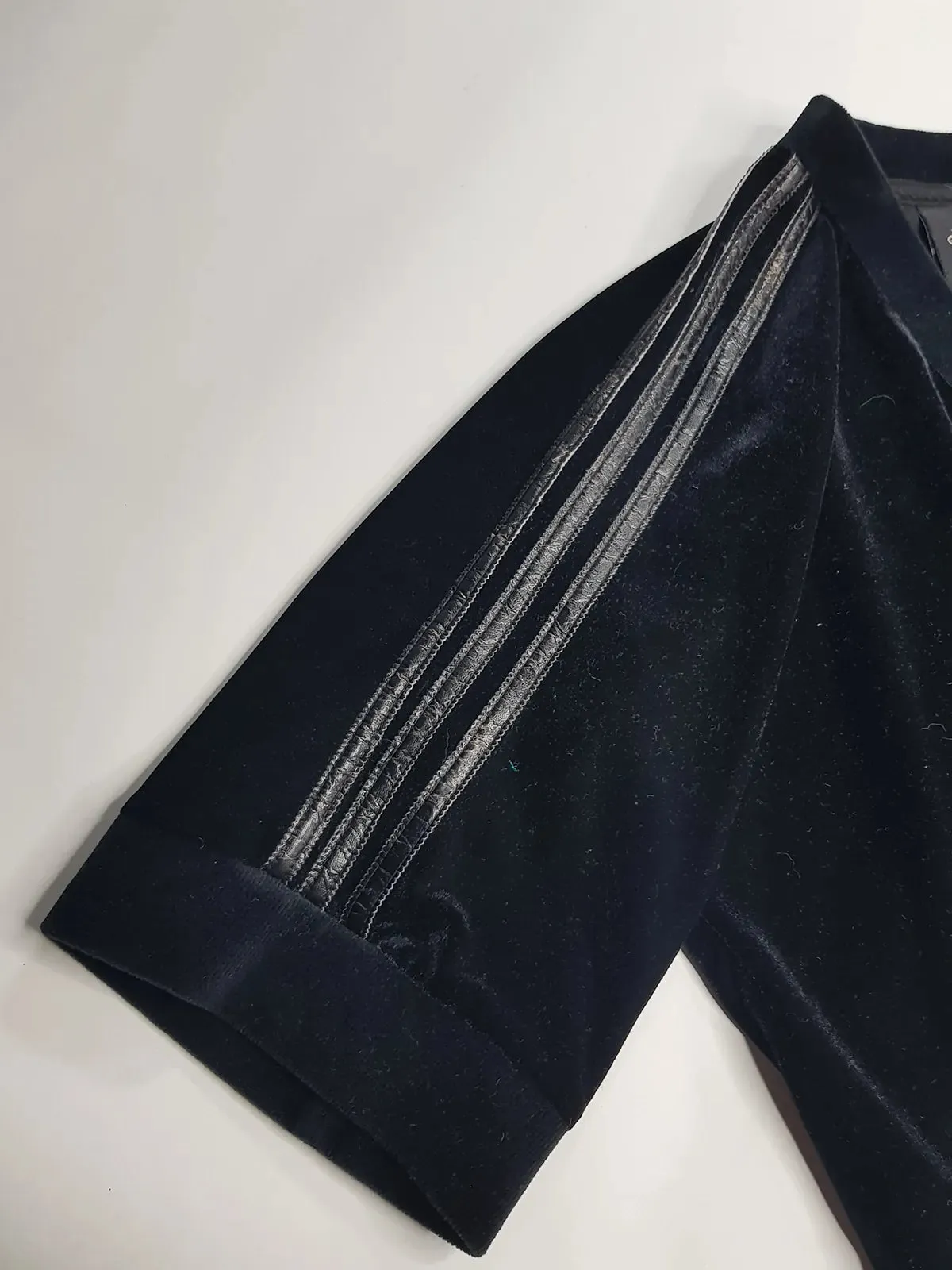 1990s Authentic Adidas Velour Sexy Pilates Princess Vintage Black & Gold Cropped Top - Super Soft & Dreamy Feel - Embroidered Adidas- Leather Striping Shoulder Features