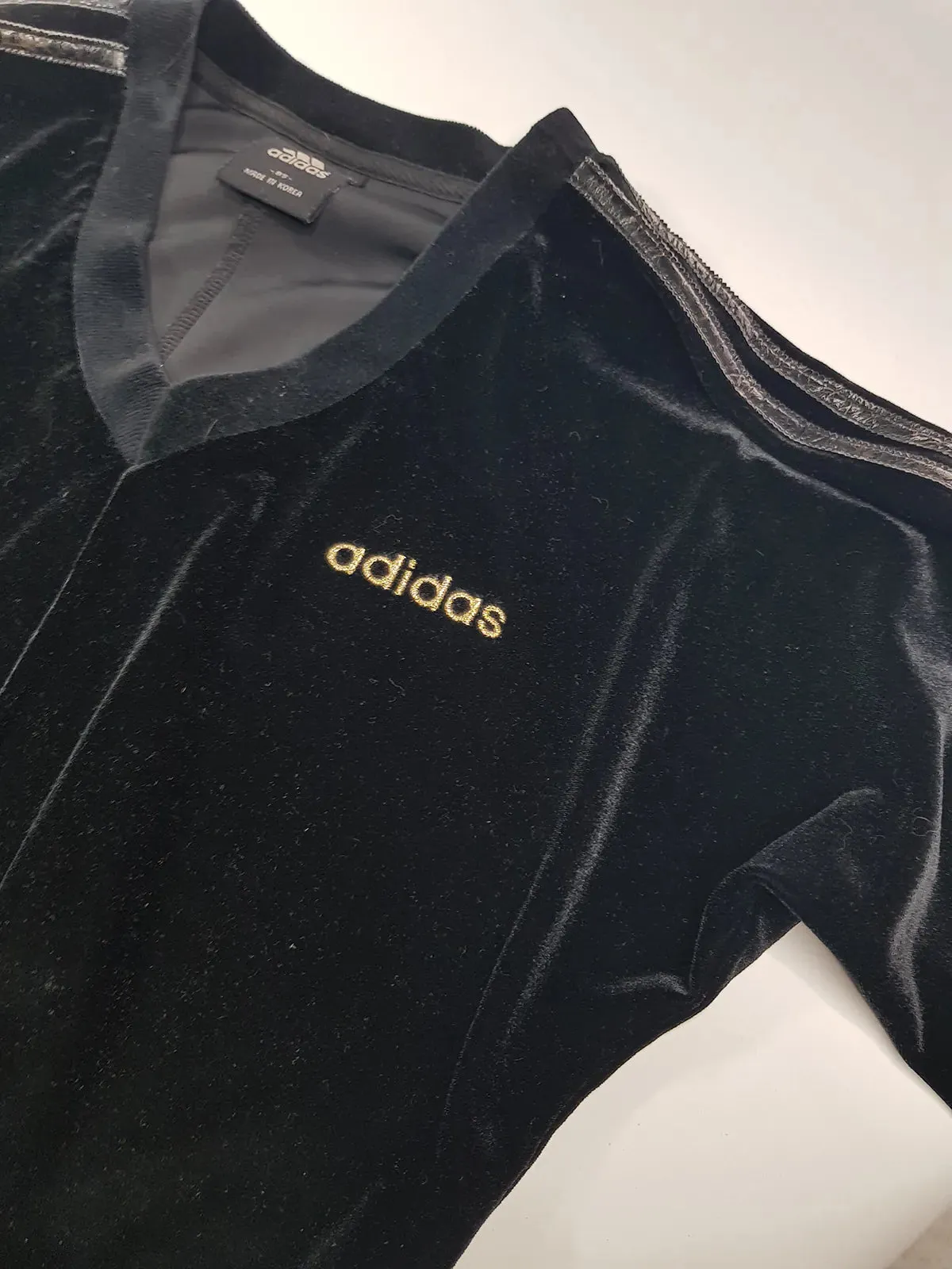 1990s Authentic Adidas Velour Sexy Pilates Princess Vintage Black & Gold Cropped Top - Super Soft & Dreamy Feel - Embroidered Adidas- Leather Striping Shoulder Features