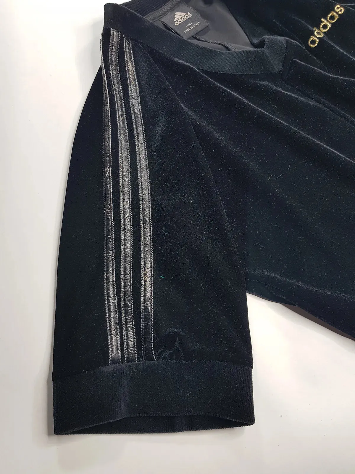 1990s Authentic Adidas Velour Sexy Pilates Princess Vintage Black & Gold Cropped Top - Super Soft & Dreamy Feel - Embroidered Adidas- Leather Striping Shoulder Features