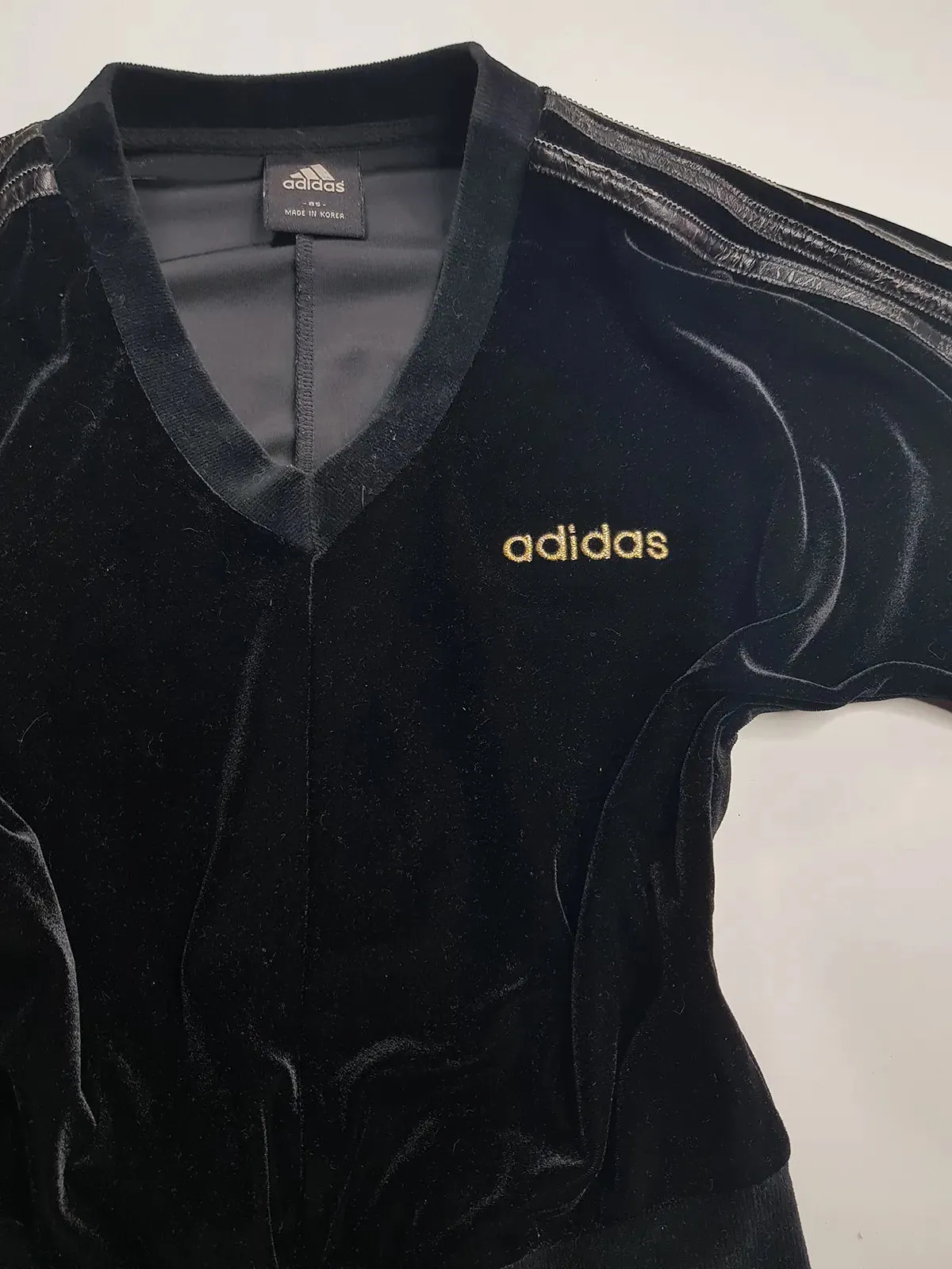 1990s Authentic Adidas Velour Sexy Pilates Princess Vintage Black & Gold Cropped Top - Super Soft & Dreamy Feel - Embroidered Adidas- Leather Striping Shoulder Features