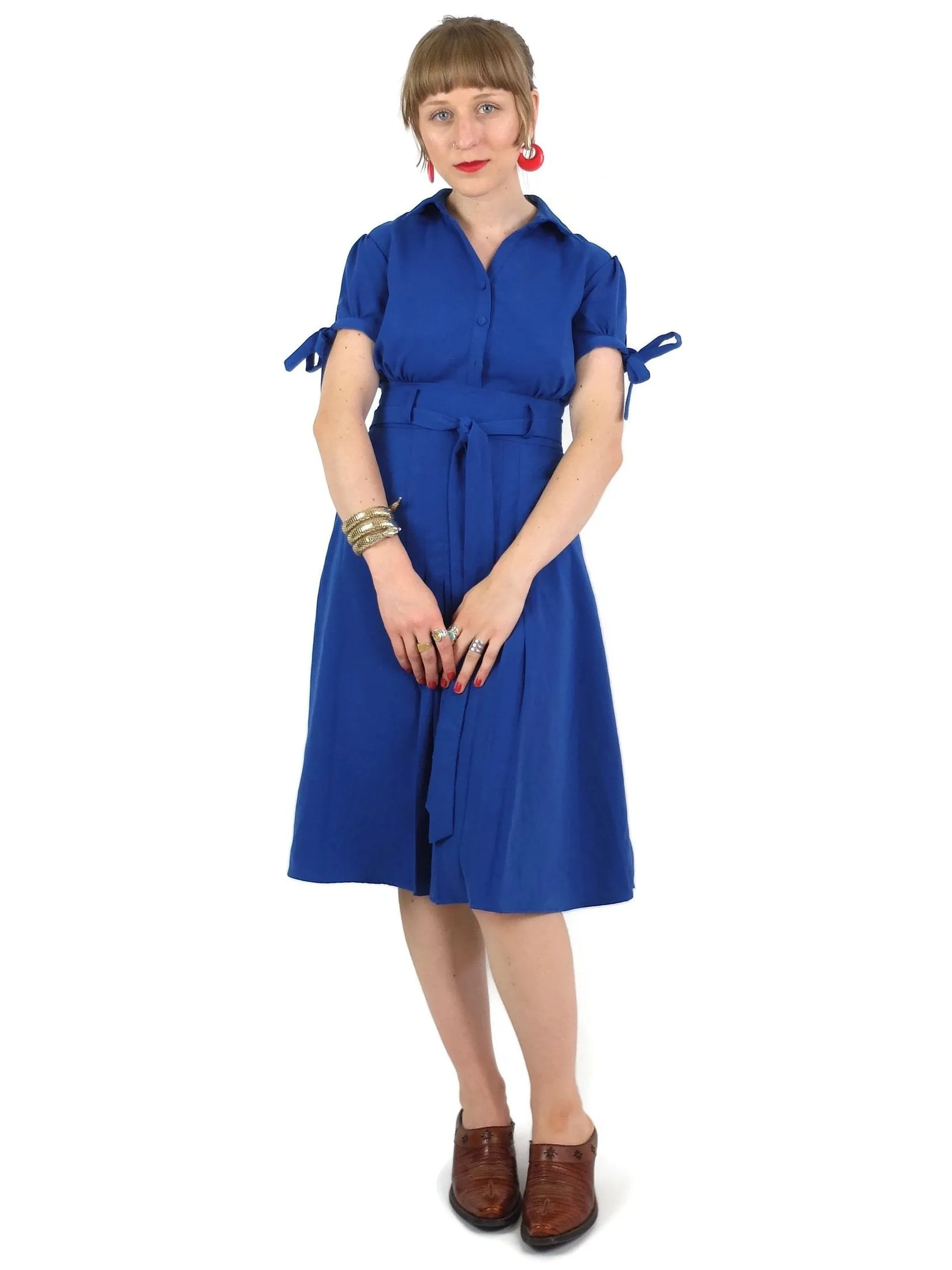 80s does 50s Pinup Style Puff Short Sleeve Bright Blue Fit and Flare Collared Circle Midi Dress with Ties