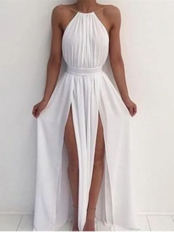 A-Line High Neck White Backless Prom Dresses, White Backless Formal Dresses, Bridesmaid Dresses, BD2303125