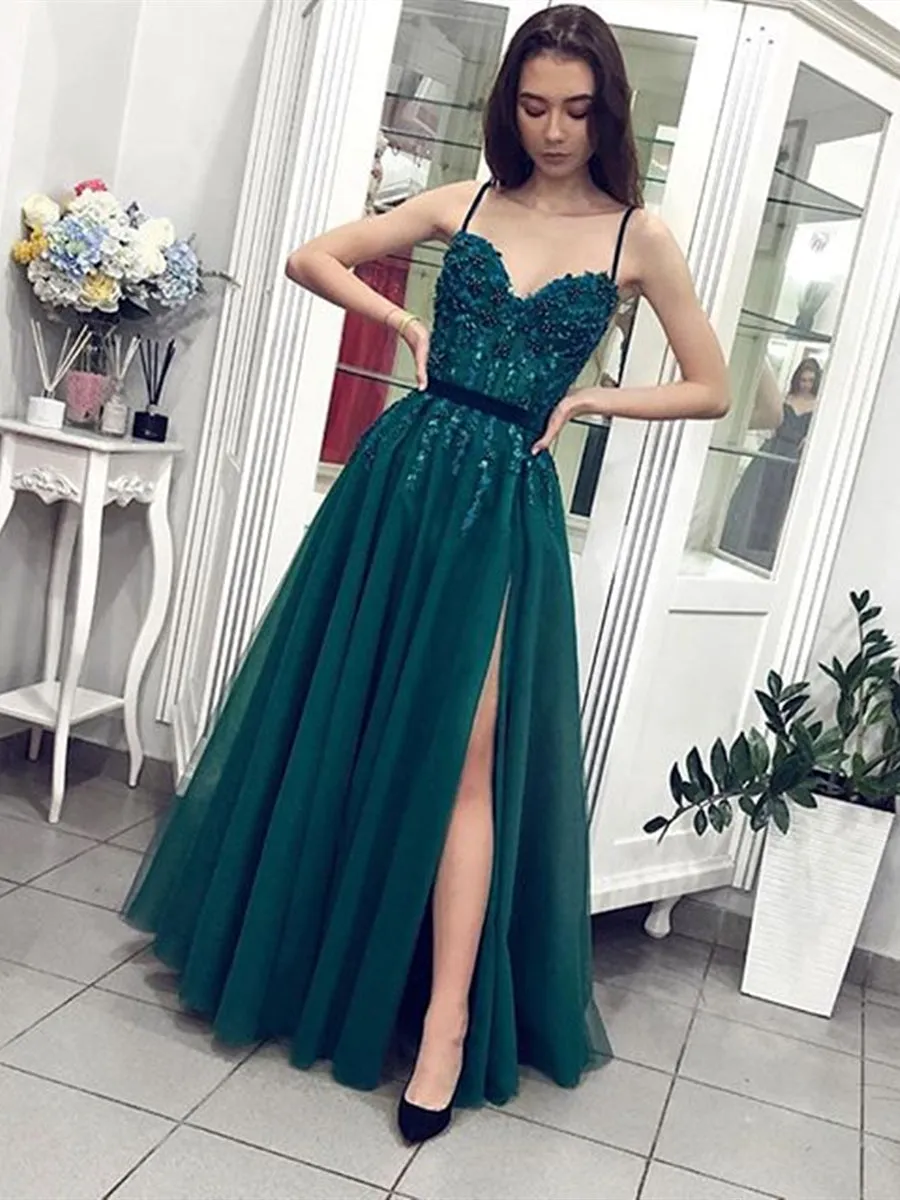 A Line Spaghetti Straps Sweetheart Neck Beaded Green Long Prom with Slit, Green Formal, Evening