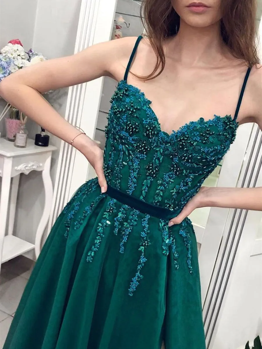 A Line Spaghetti Straps Sweetheart Neck Beaded Green Long Prom with Slit, Green Formal, Evening