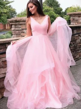 A Line V Neck Pink Long Prom, V Neck Pink Formal Graduation