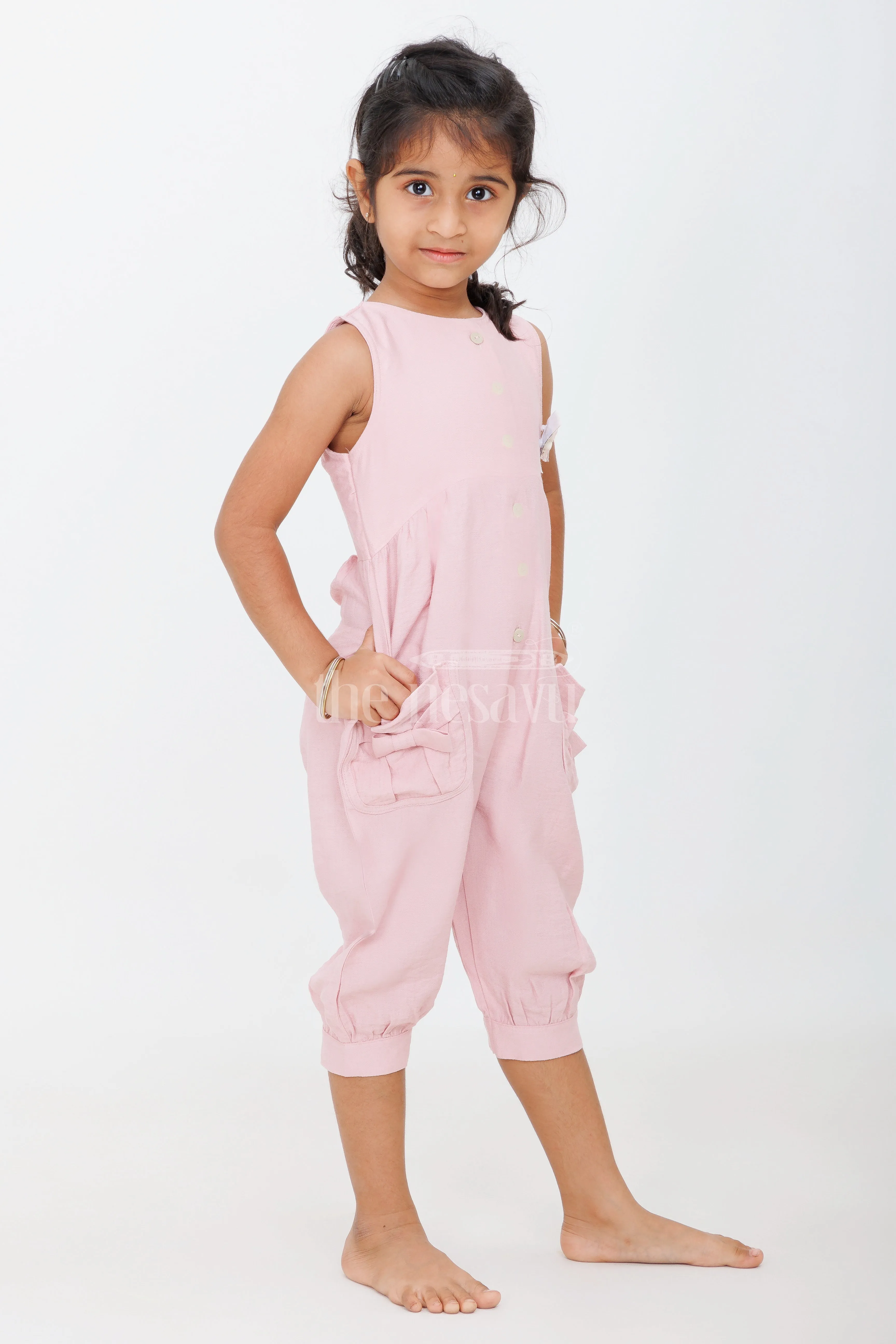 Adorable Pink Girls Jumpsuit with Oversized Bow Pockets and Button-Down Front