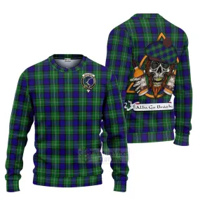 Alexander Tartan Ugly Sweater with Family Crest and Bearded Skull Holding Bottles of Whiskey