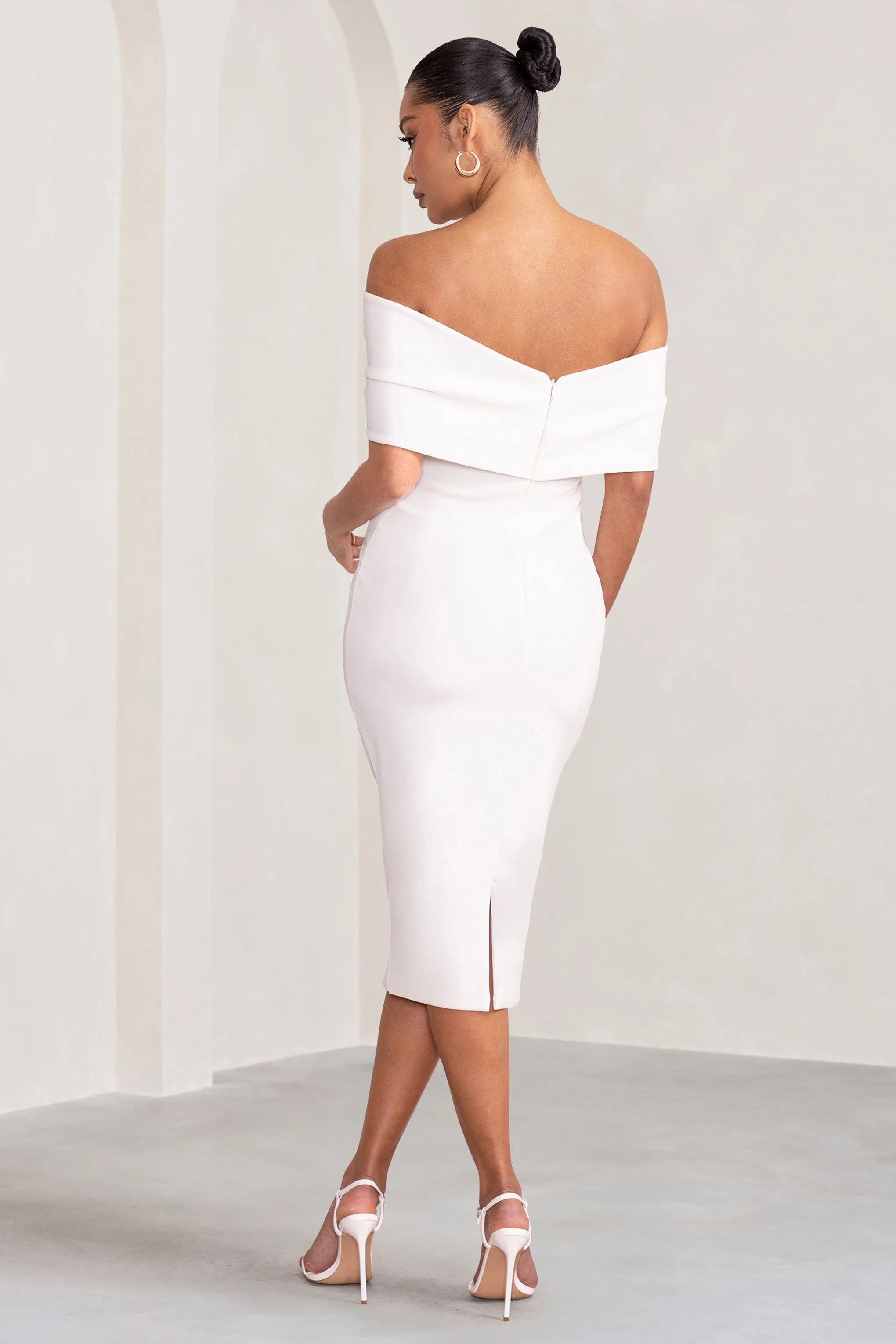 Alyssa | White Bardot Bow Maternity Midi Dress with Ruching