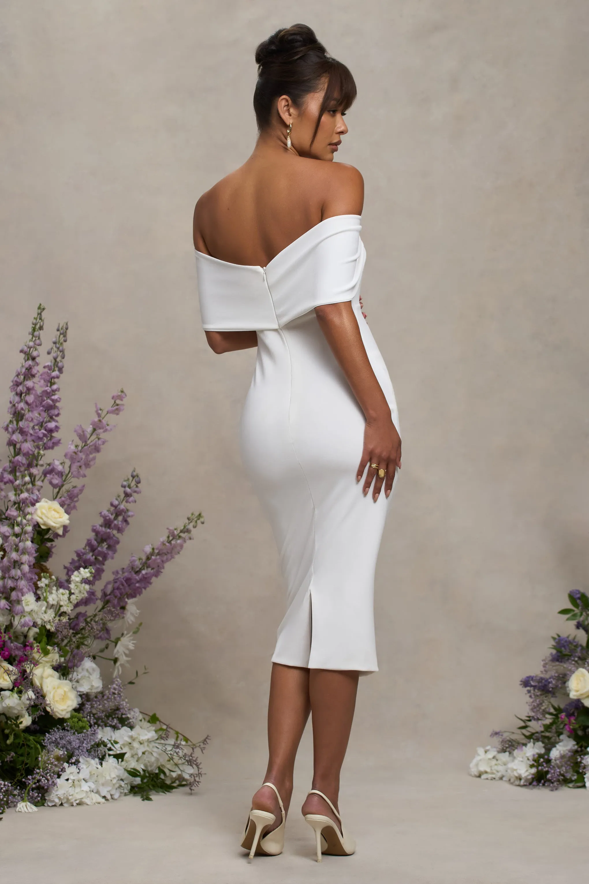 Alyssa | White Bardot Bow Maternity Midi Dress with Ruching