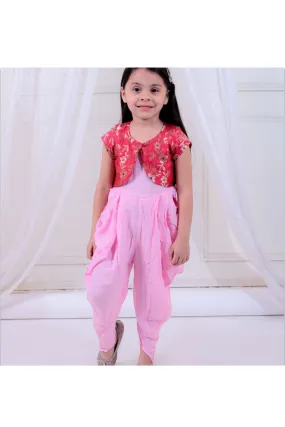 Baby Pink Dhoti Style Jumpsuit With Pink Brocade Shrug