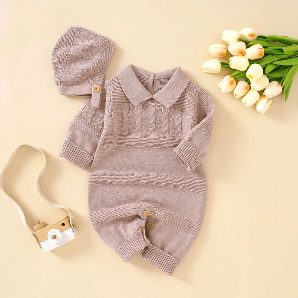 Baby Solid Color Crochet Knit Design Lapel Knit Jumpsuit by MyKids-USA™