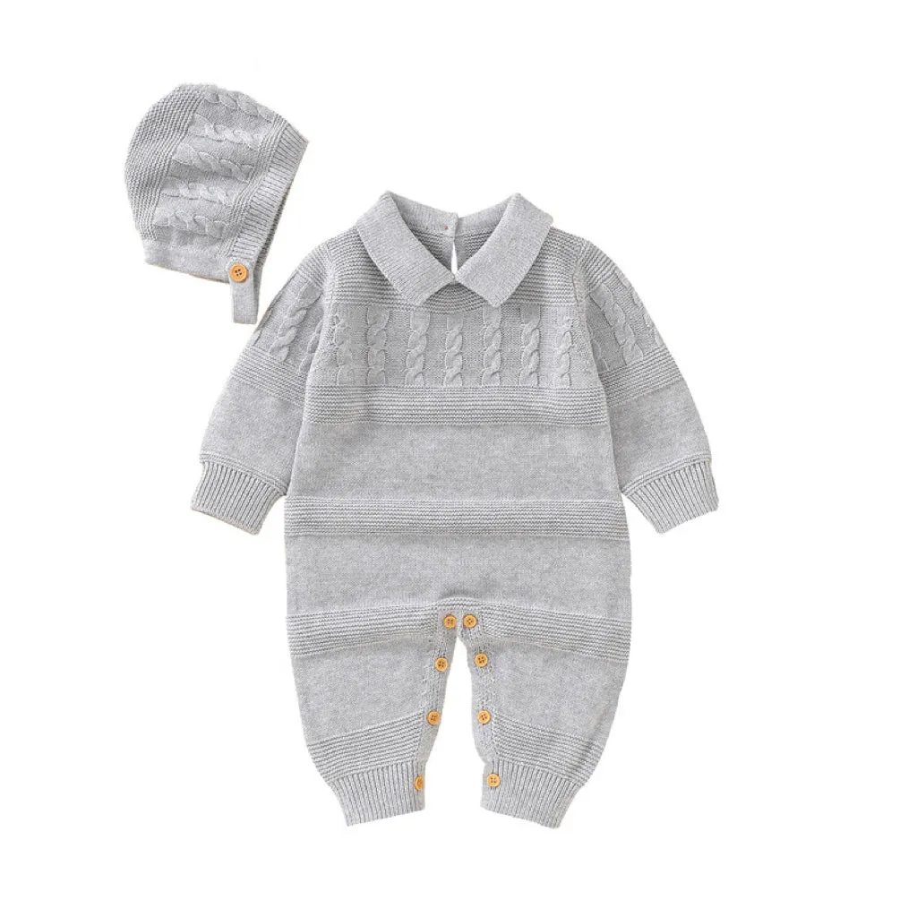 Baby Solid Color Crochet Knit Design Lapel Knit Jumpsuit by MyKids-USA™