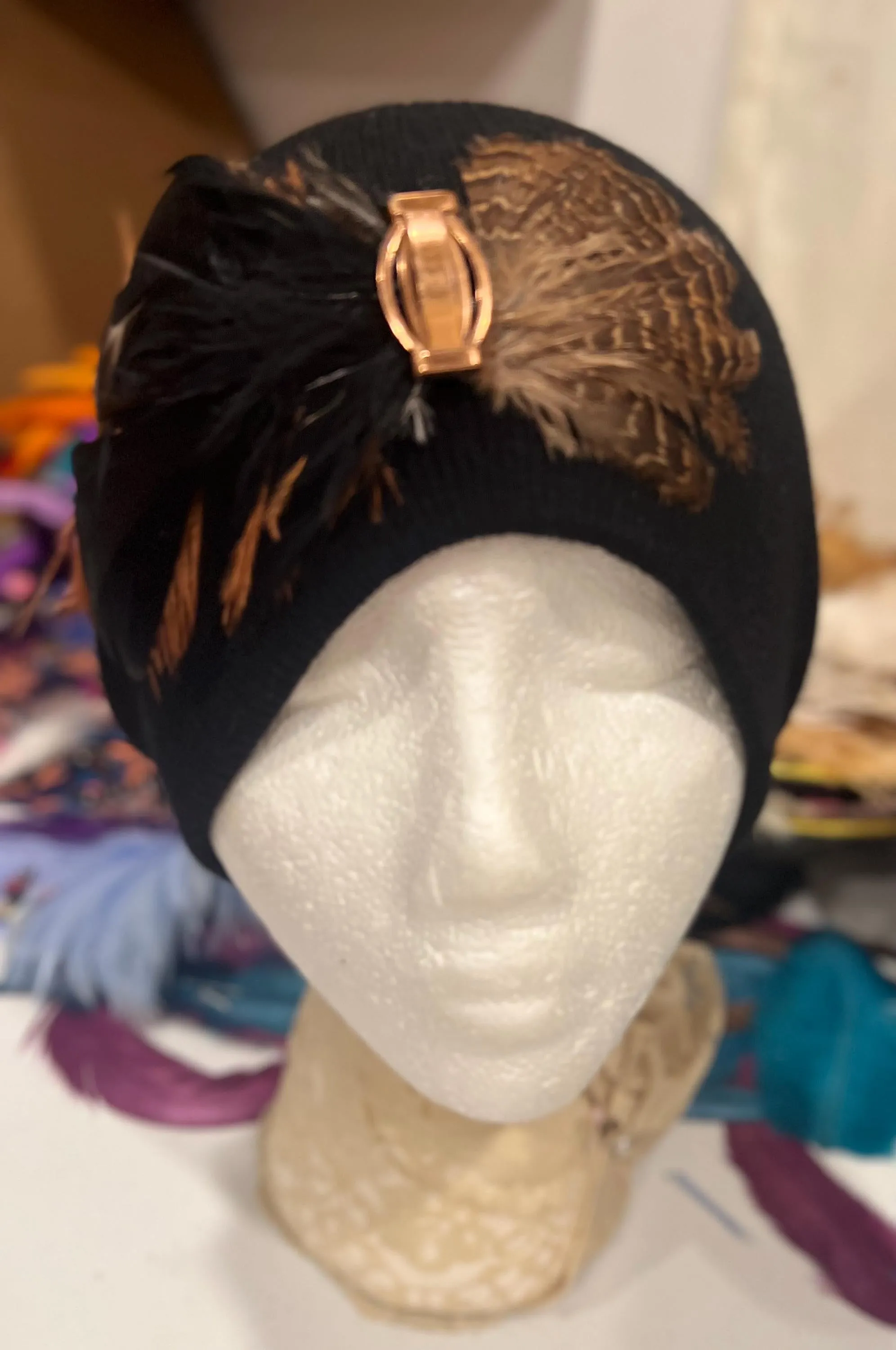 BLACK 2024 New Collection - Embellished Jeweled Feathered Boho Knit Hat Sparkly Winter Flapper Style