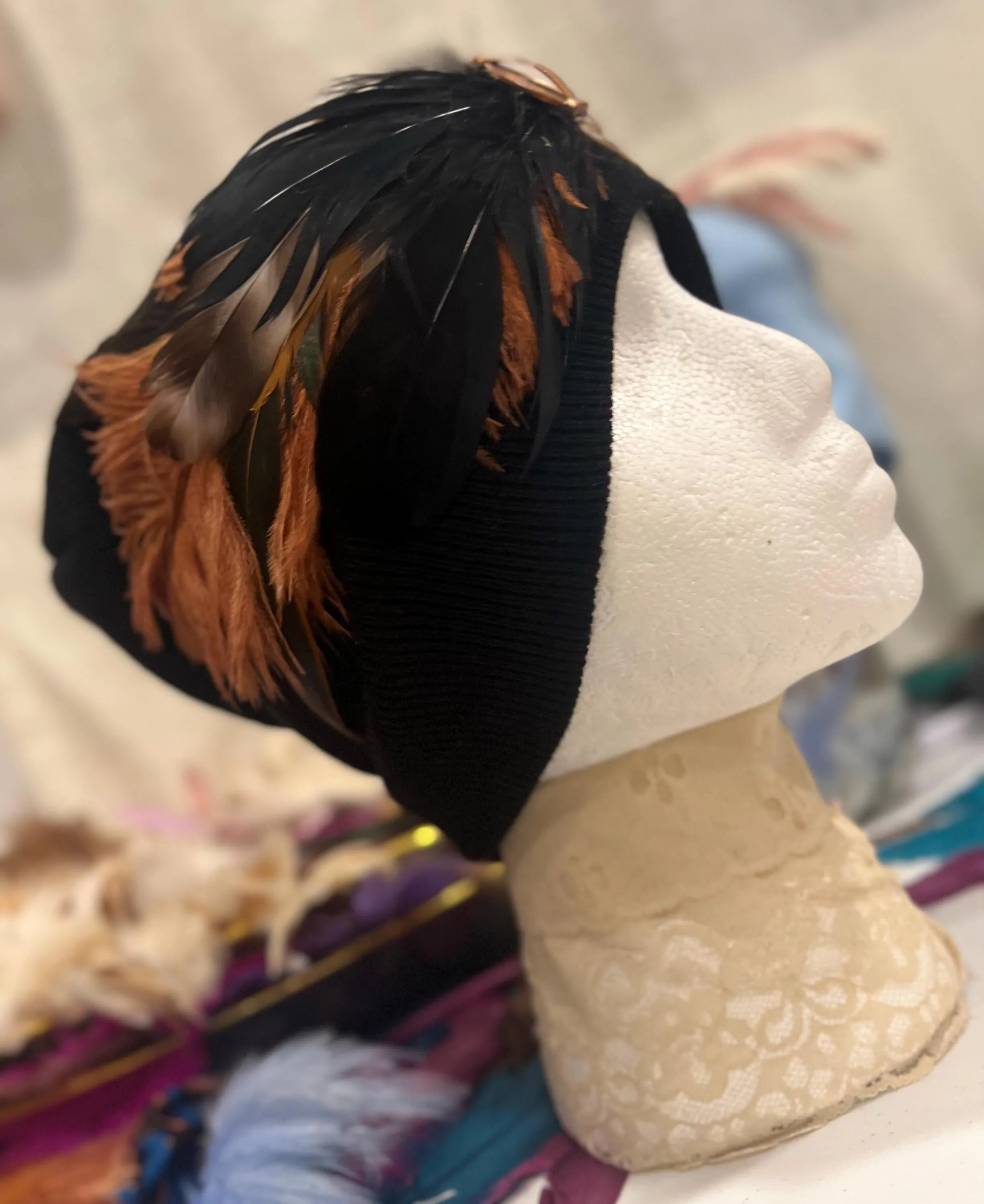 BLACK 2024 New Collection - Embellished Jeweled Feathered Boho Knit Hat Sparkly Winter Flapper Style