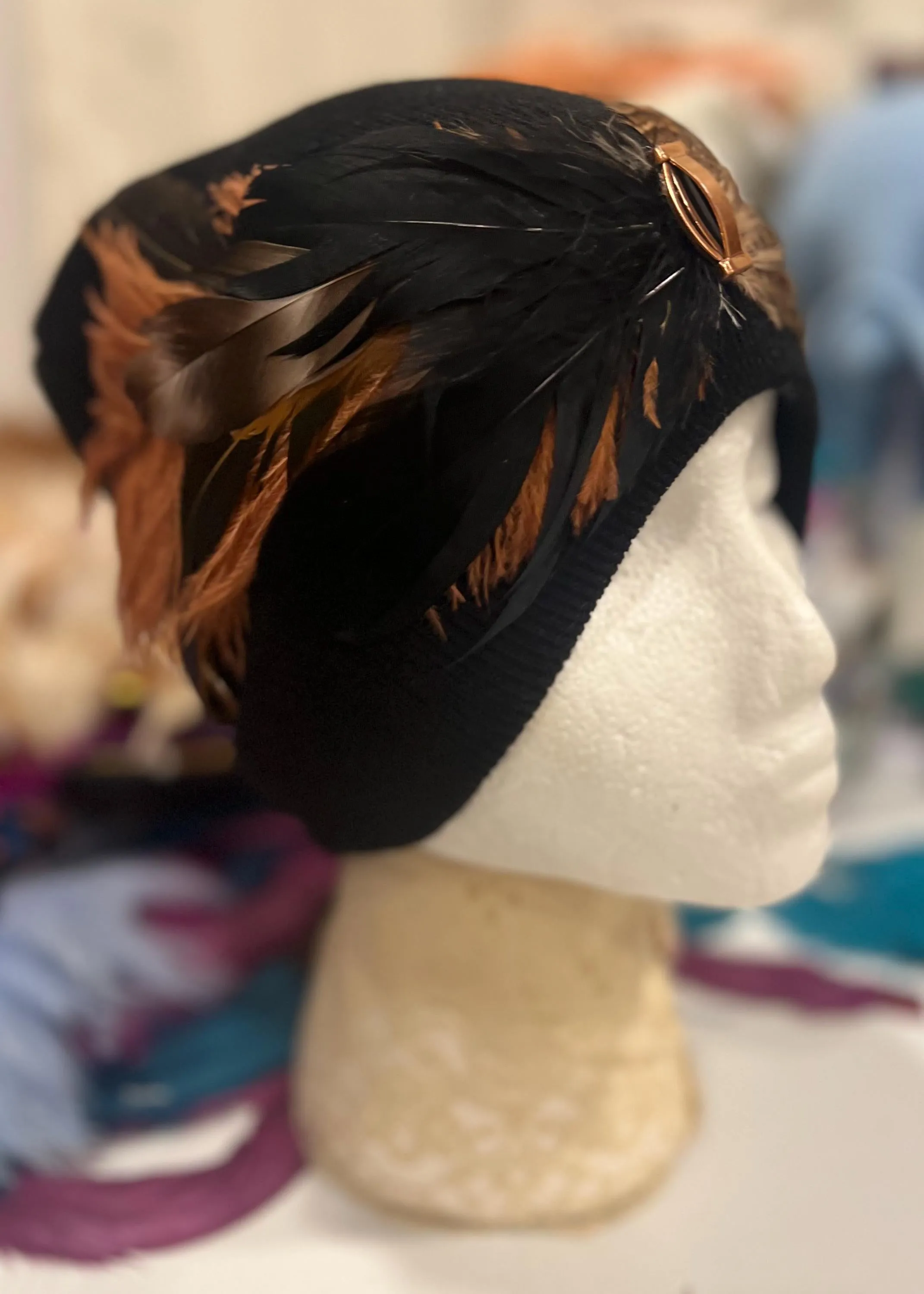 BLACK 2024 New Collection - Embellished Jeweled Feathered Boho Knit Hat Sparkly Winter Flapper Style