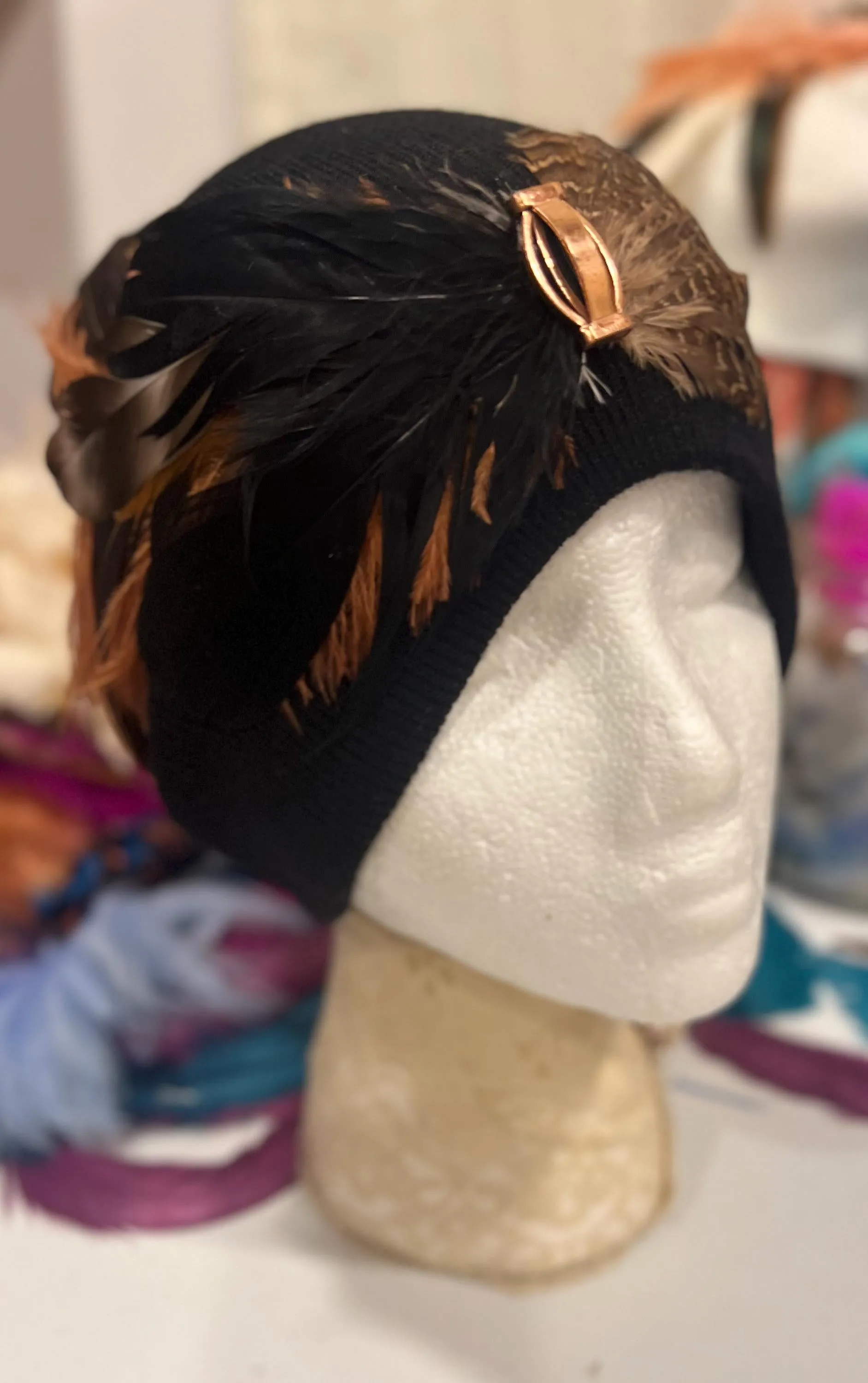 BLACK 2024 New Collection - Embellished Jeweled Feathered Boho Knit Hat Sparkly Winter Flapper Style