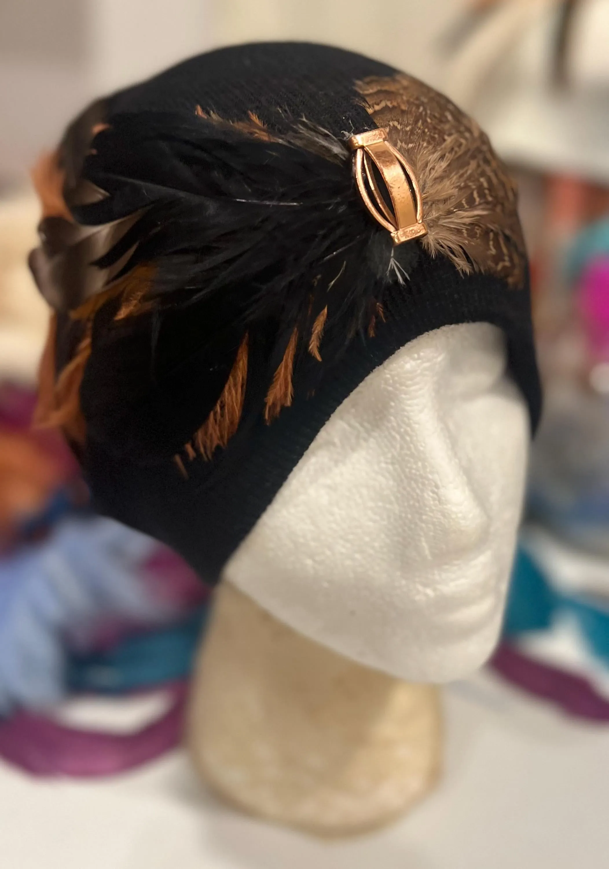 BLACK 2024 New Collection - Embellished Jeweled Feathered Boho Knit Hat Sparkly Winter Flapper Style