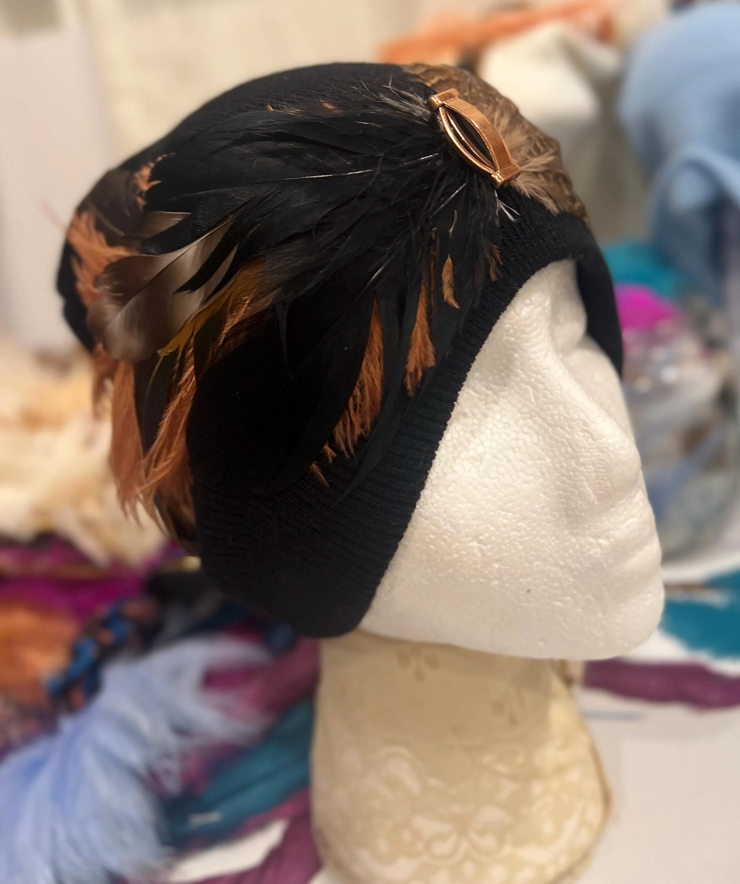 BLACK 2024 New Collection - Embellished Jeweled Feathered Boho Knit Hat Sparkly Winter Flapper Style