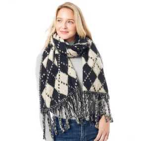 Black and Ivory Argyle Fringed Blanket Scarf