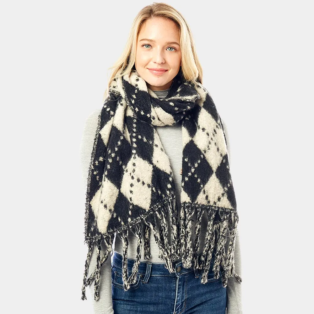 Black and Ivory Argyle Fringed Blanket Scarf