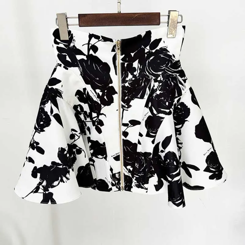 Black and White Roses Short Skirt and White Shirt