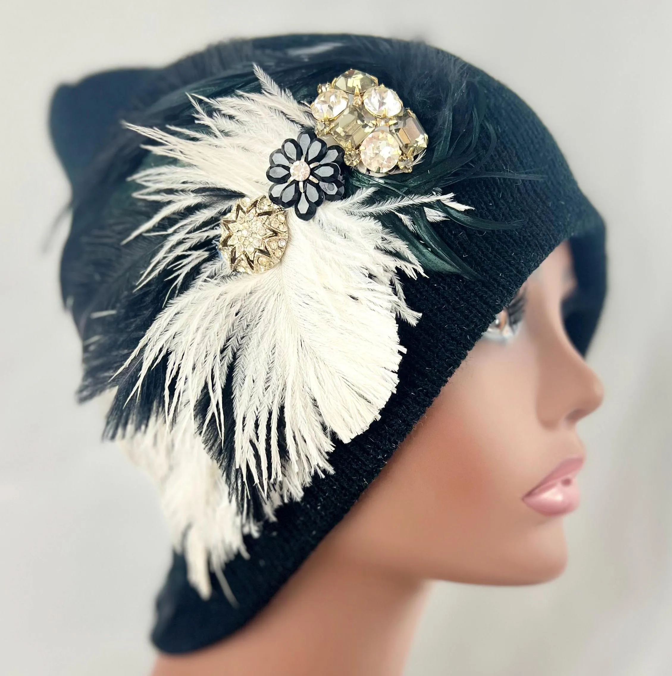 BLACK Embellished Feathered & Jeweled Knit Hat