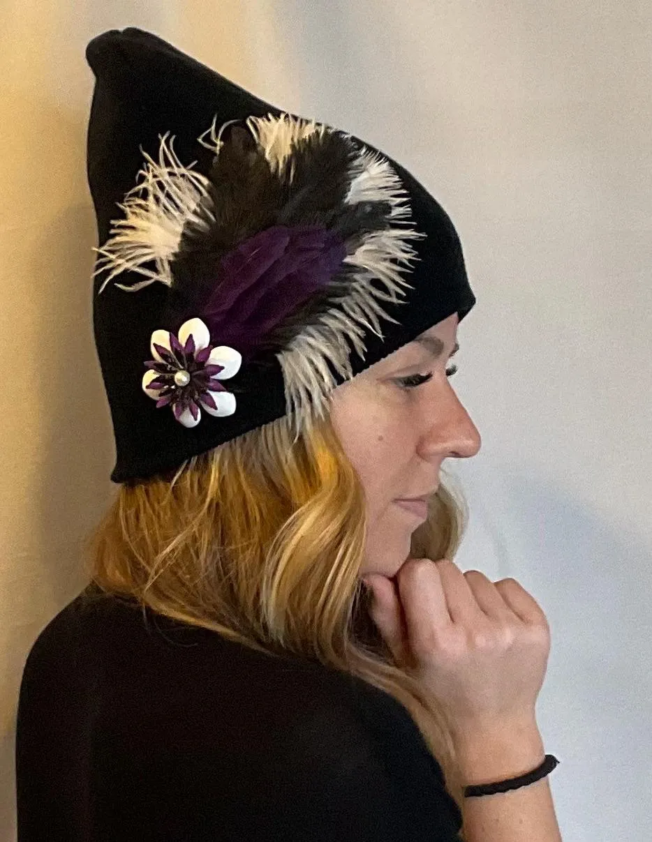 BLACK Embellished Feathered & Jeweled Knit Hat