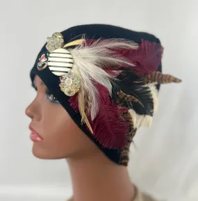 BLACK Embellished Feathered & Jeweled Knit Hat