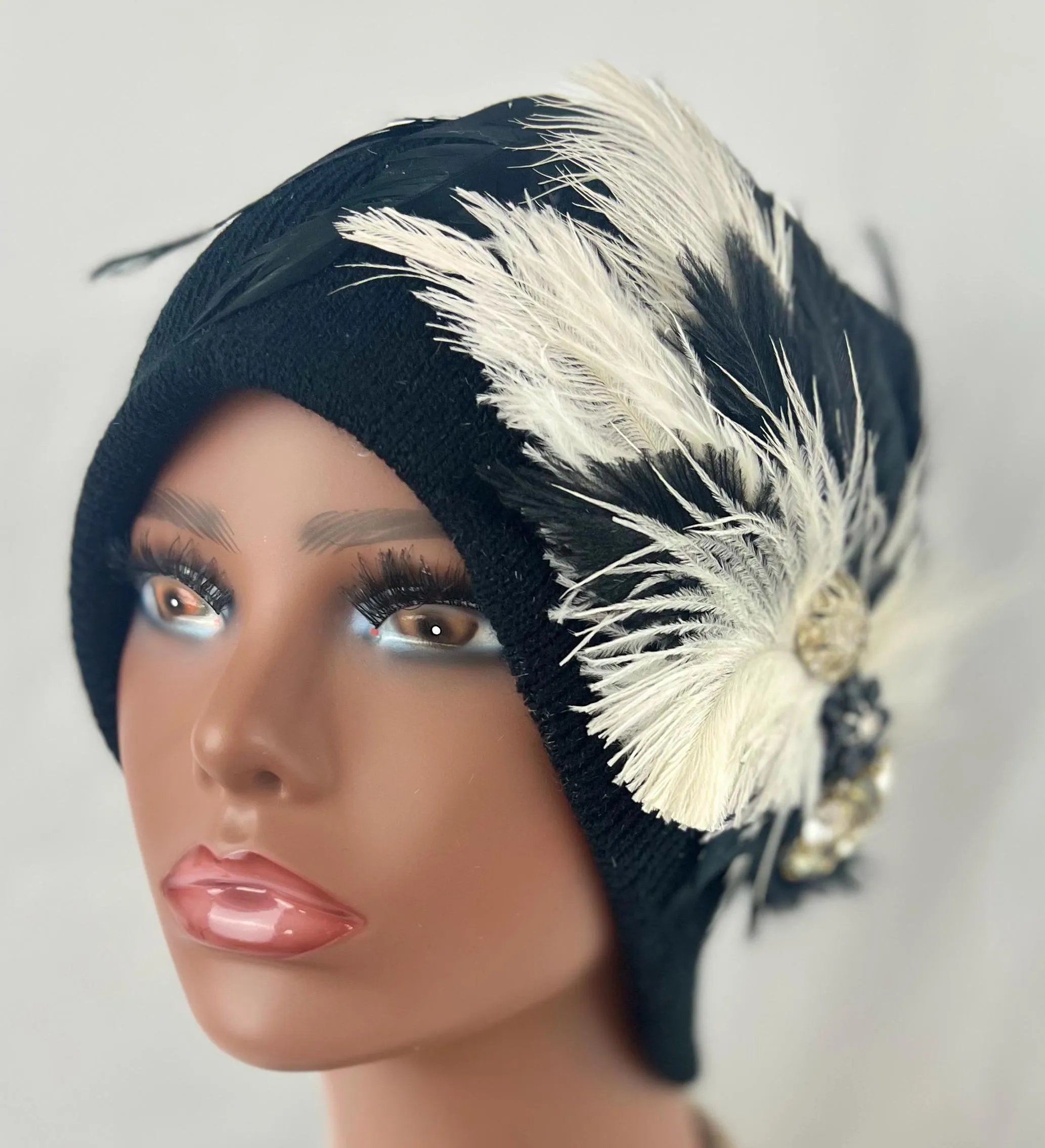 BLACK Embellished Feathered & Jeweled Knit Hat