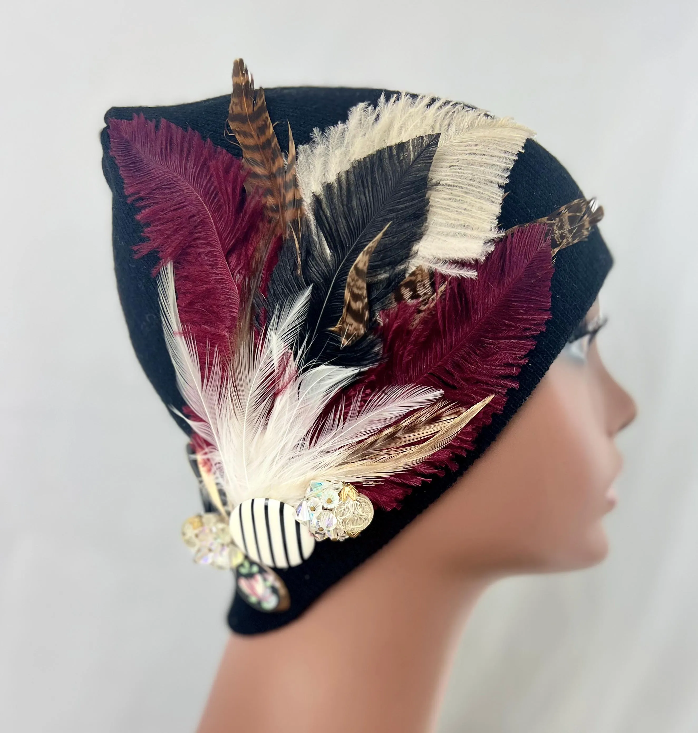 BLACK Embellished Feathered & Jeweled Knit Hat