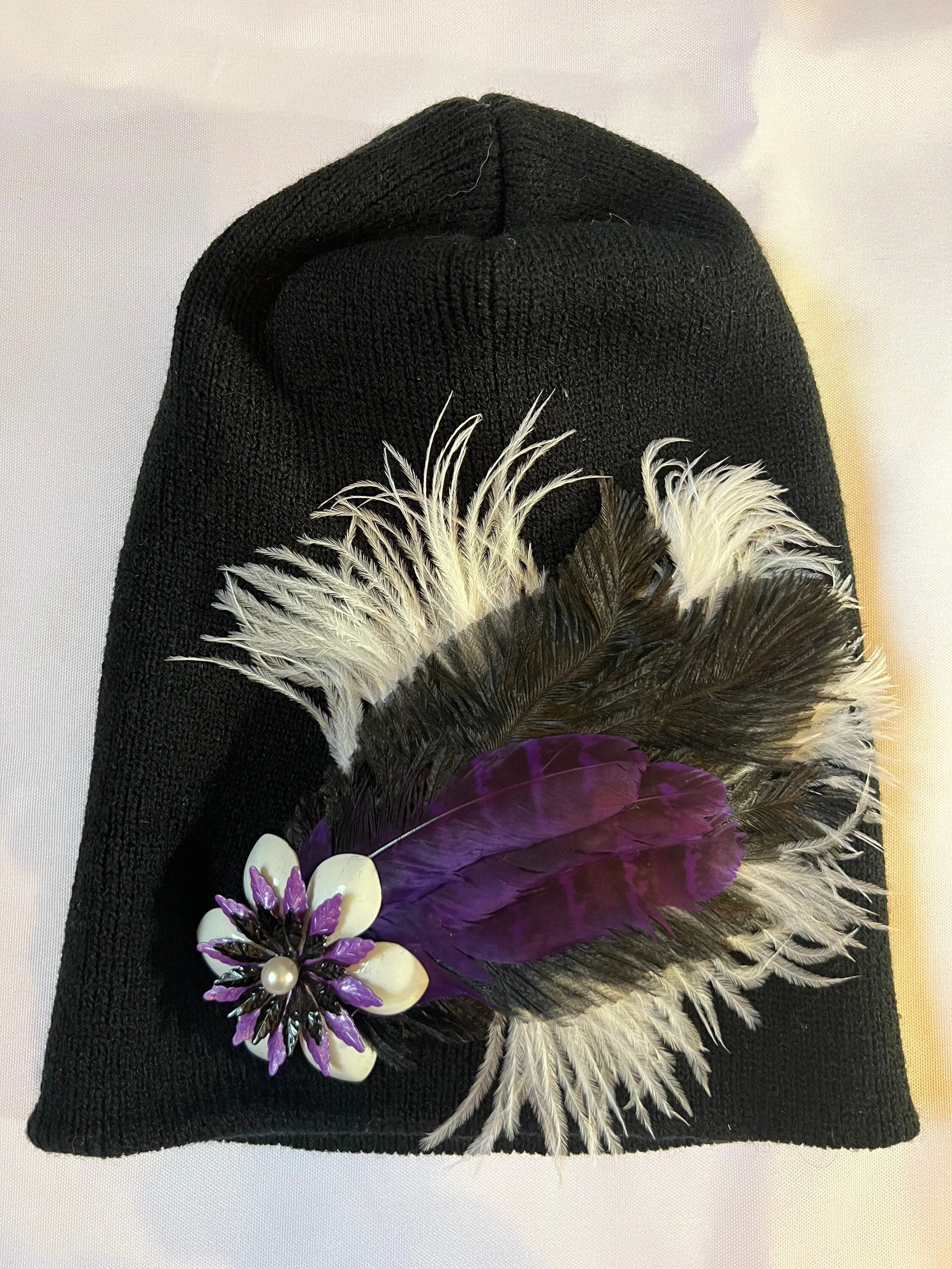 BLACK Embellished Feathered & Jeweled Knit Hat