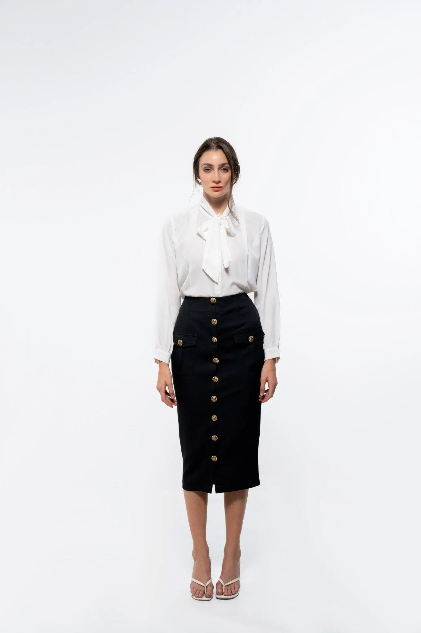 BLACK KNEE LENGTH PENCIL SKIRT WITH POCKETS