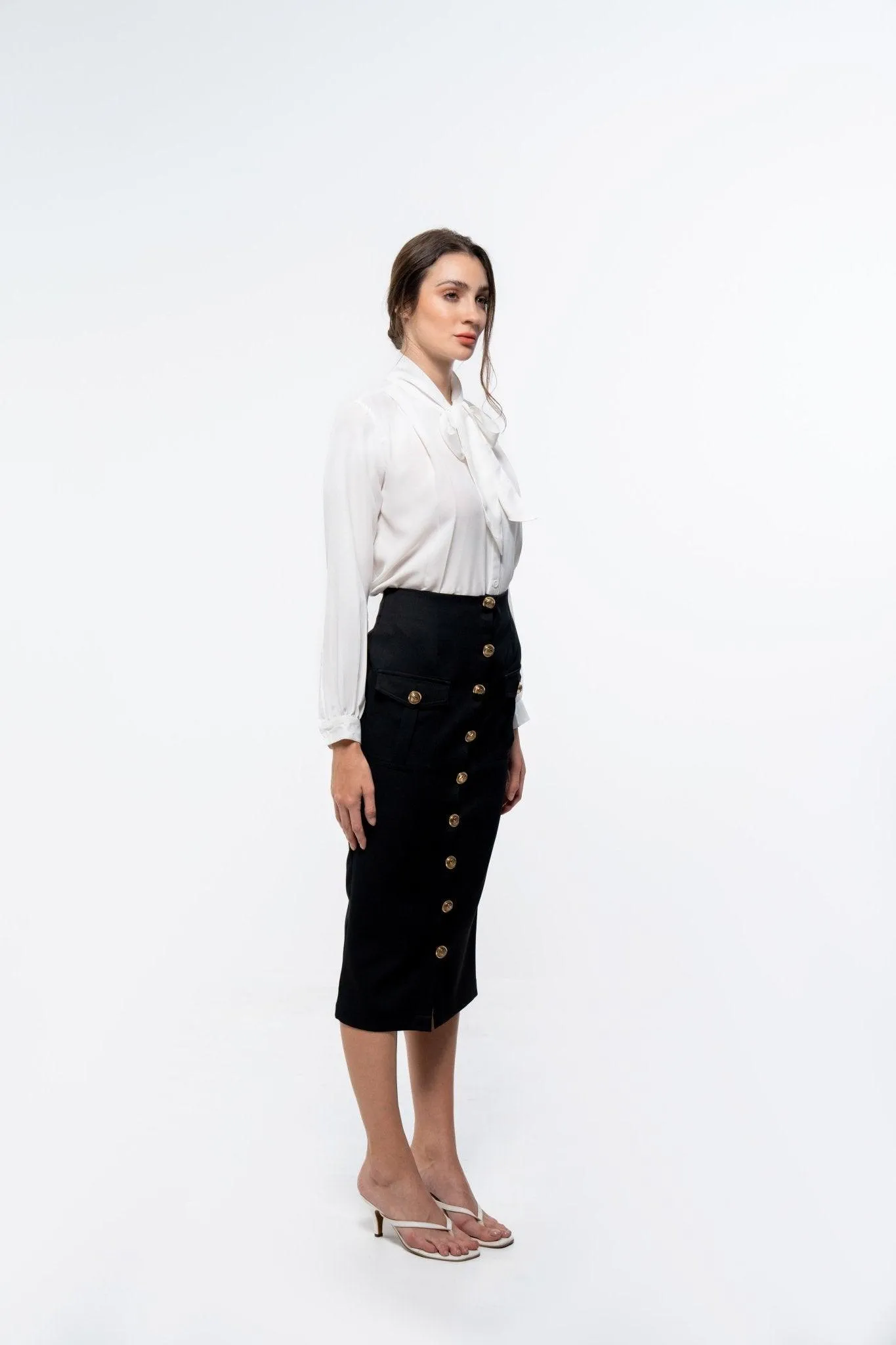 BLACK KNEE LENGTH PENCIL SKIRT WITH POCKETS