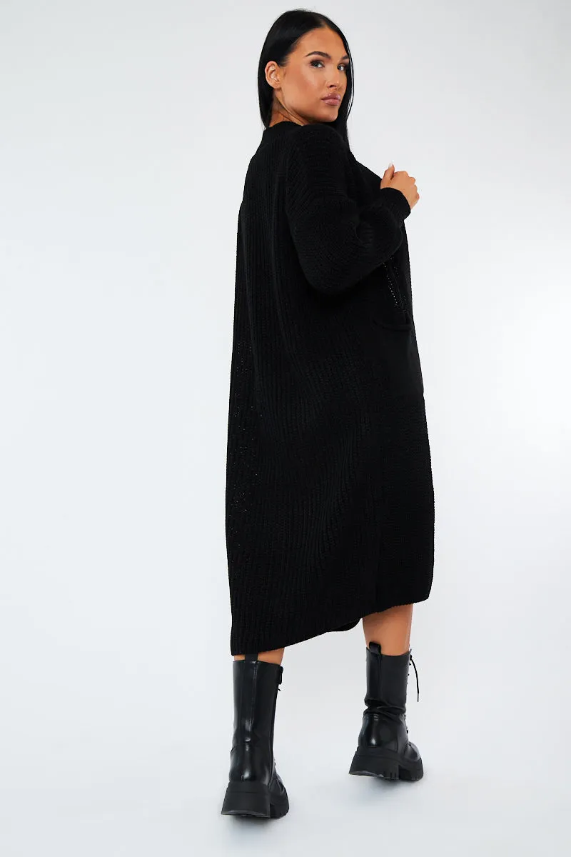 Black Longline Relaxed Fit Front Pockets Cardigan - Leah