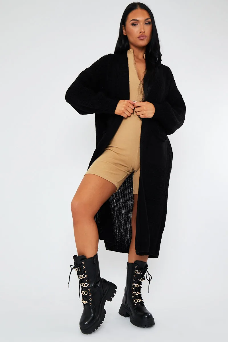 Black Longline Relaxed Fit Front Pockets Cardigan - Leah