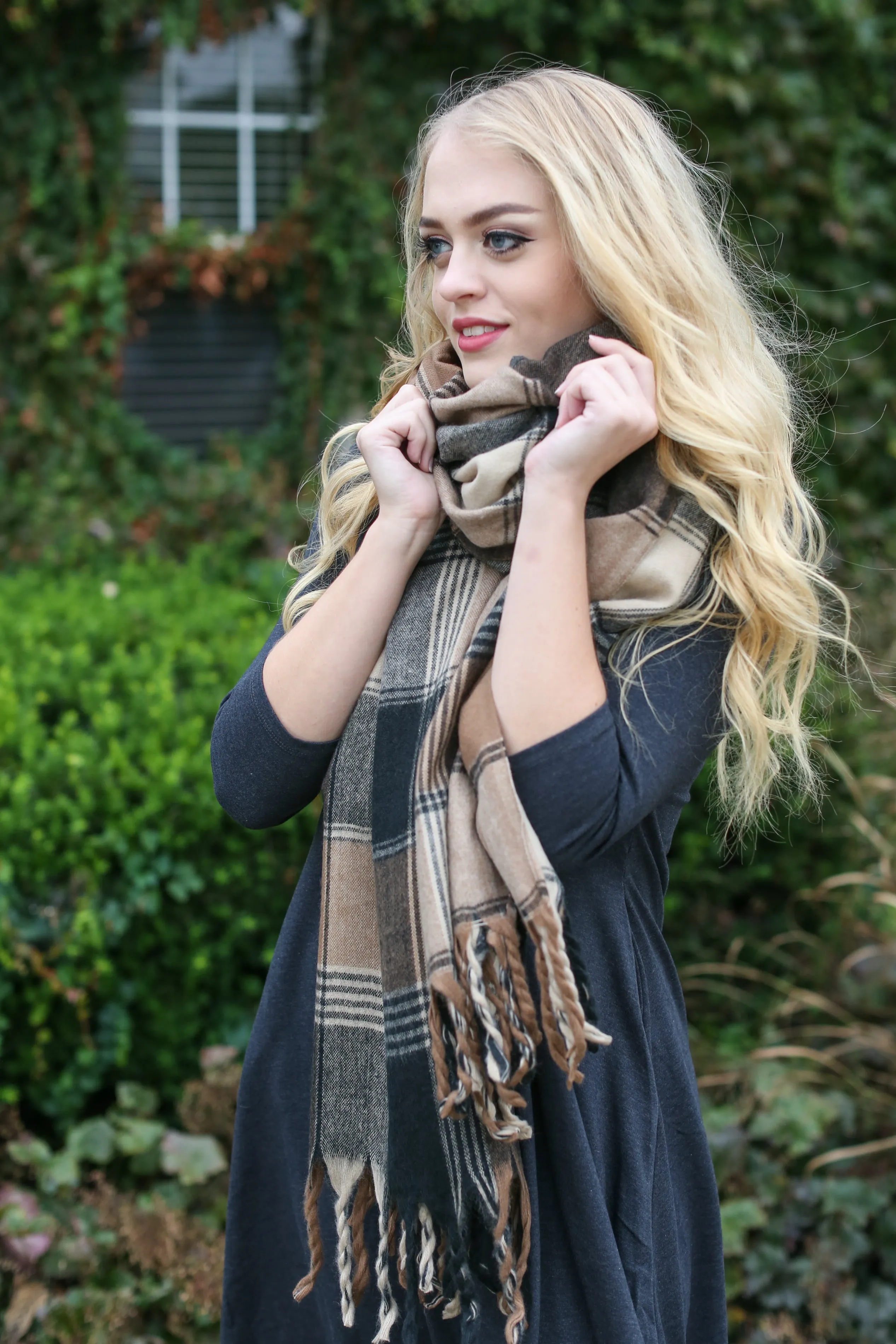 Black Multi Flannel Tassel Scarf