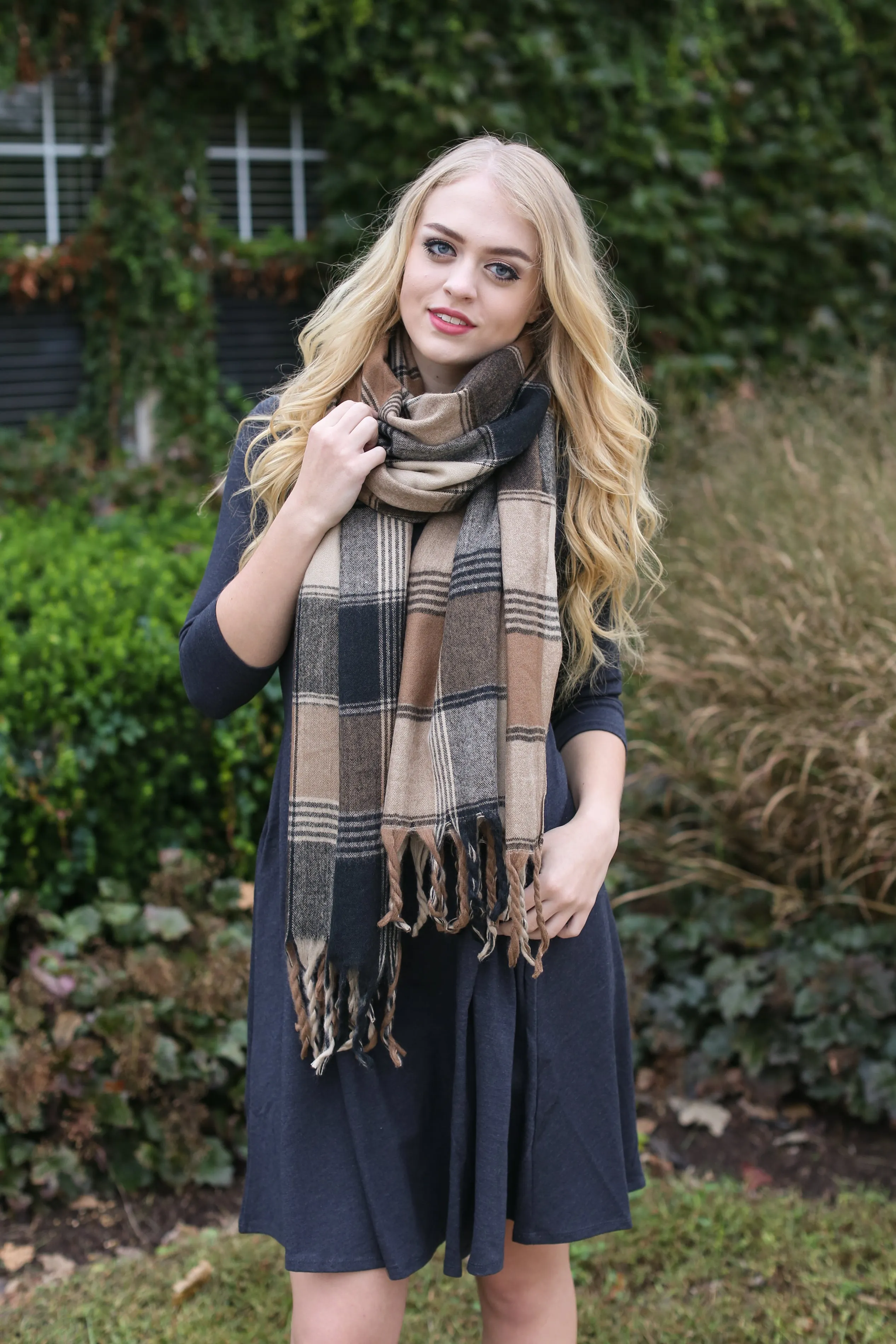 Black Multi Flannel Tassel Scarf