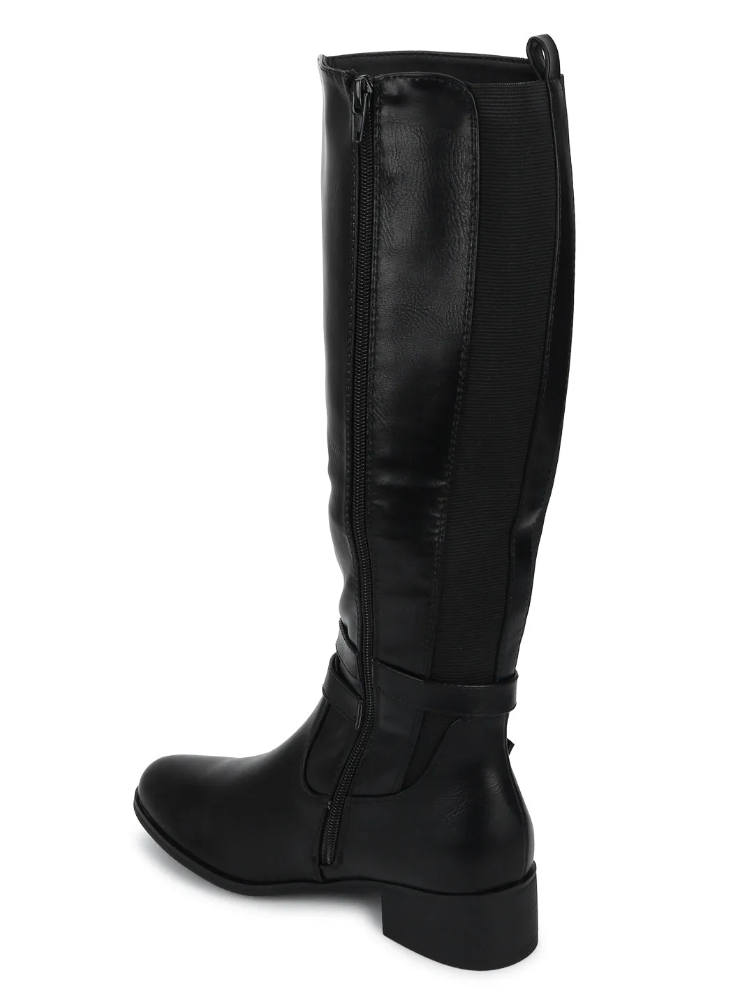 Black Pu Buckled Low Heel Calf Length Boots