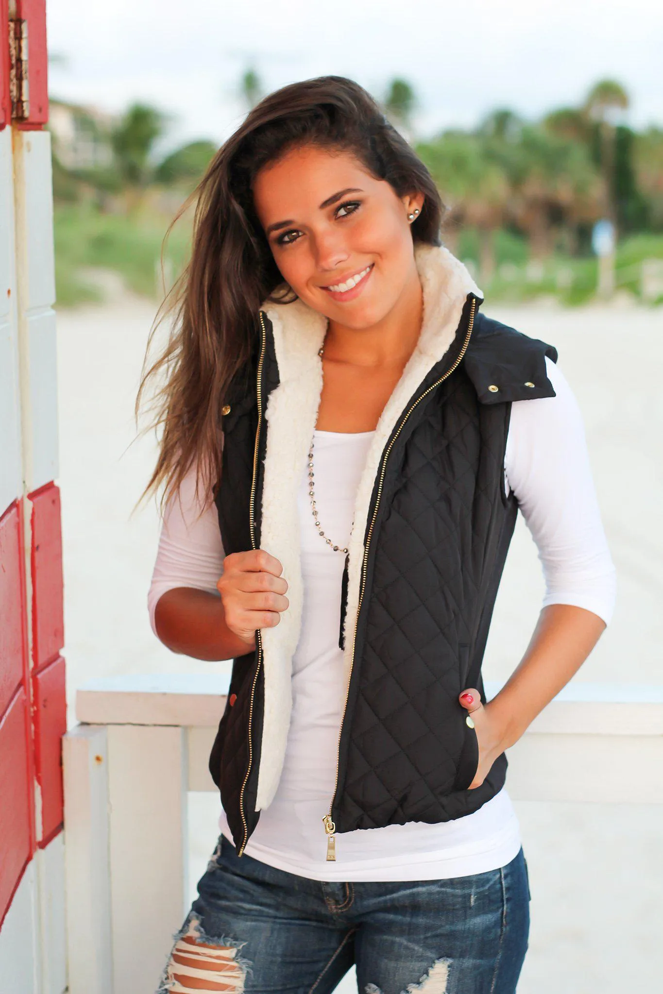 Black Quilted Vest with Fur Collar