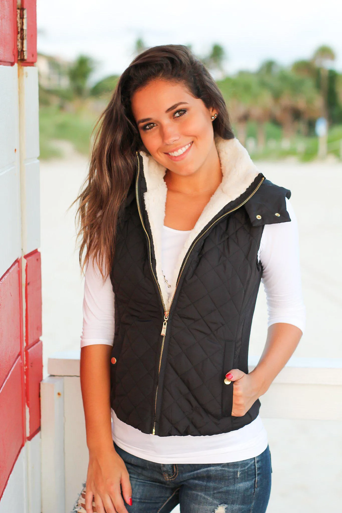 Black Quilted Vest with Fur Collar