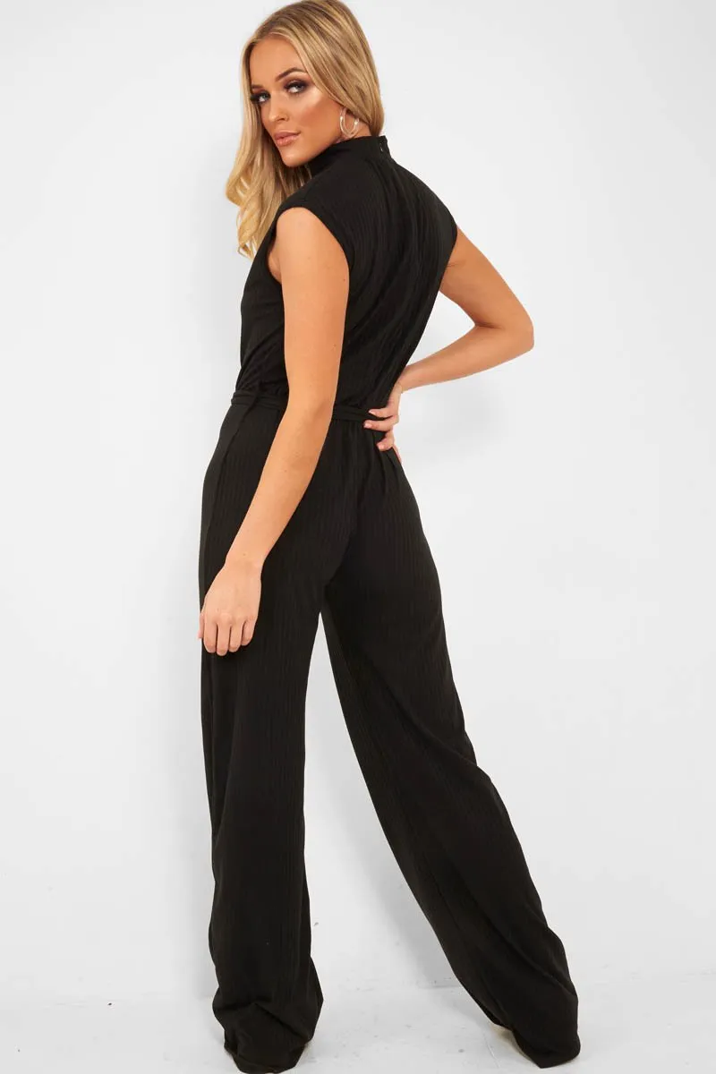 Black Ribbed High Neck Wide Leg Belted Jumpsuit - Rayden