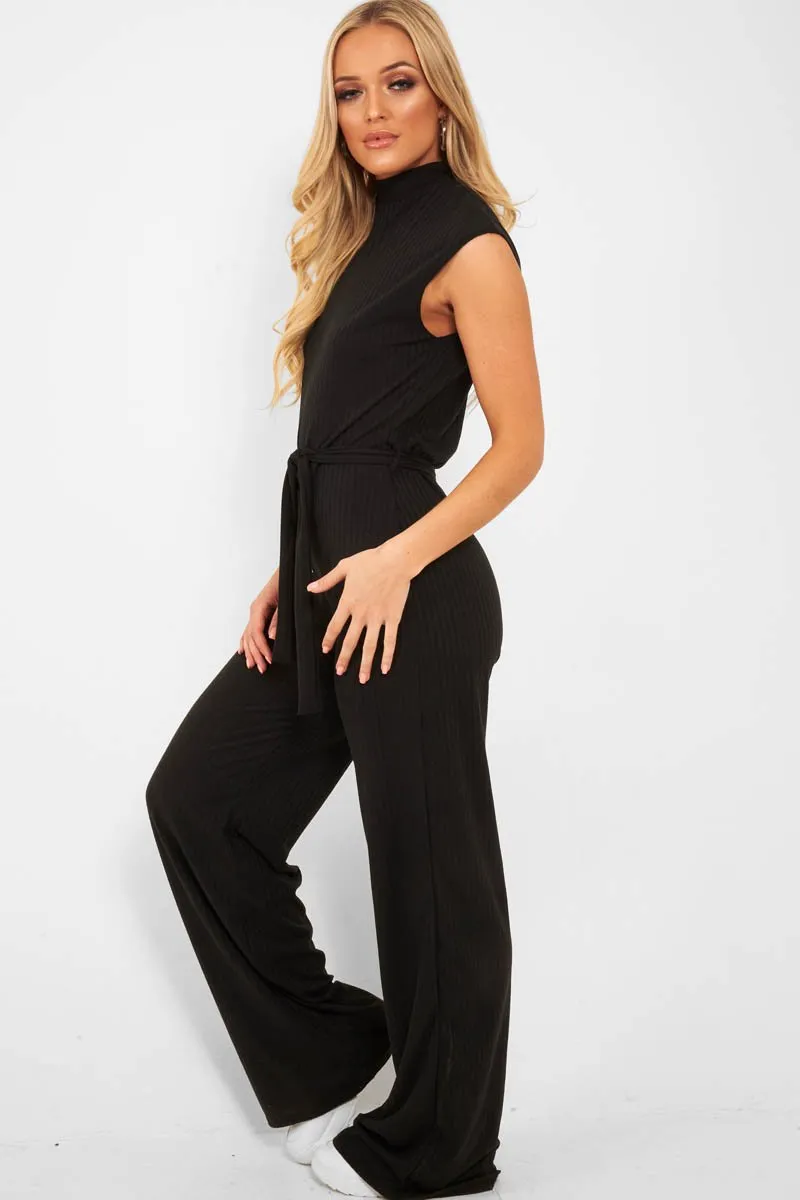 Black Ribbed High Neck Wide Leg Belted Jumpsuit - Rayden